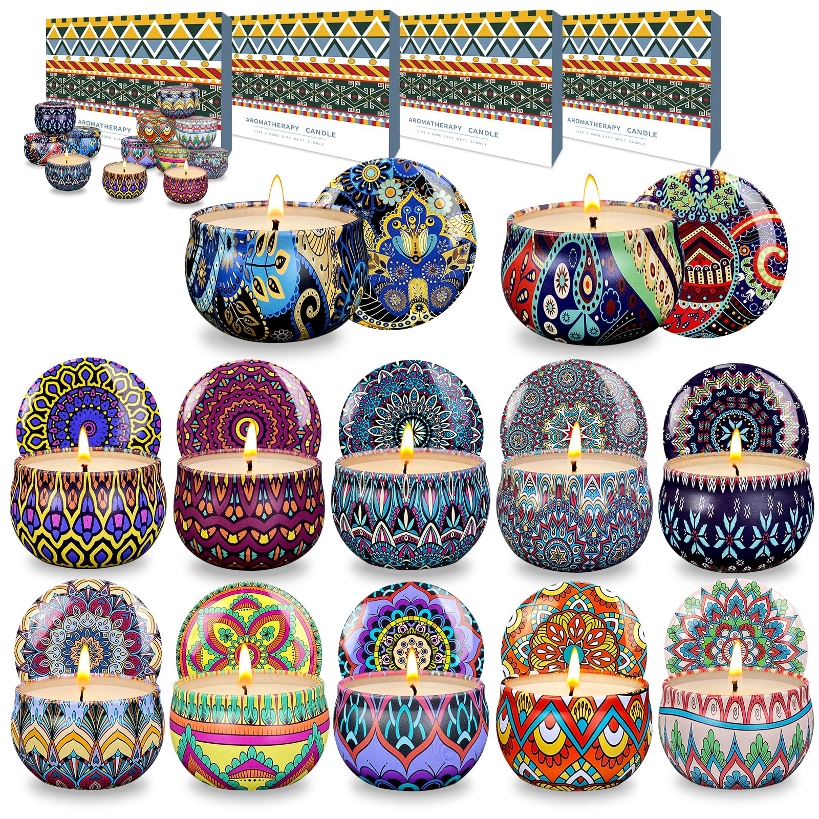 Juego de 48 velas aromáticas pequeñas de cera de soja, velas de aromaterapia de 2.5 onzas, velas de lata portátiles con tapa, cesta de regalo de relajación para madre, mujeres, amigos y compañeros de