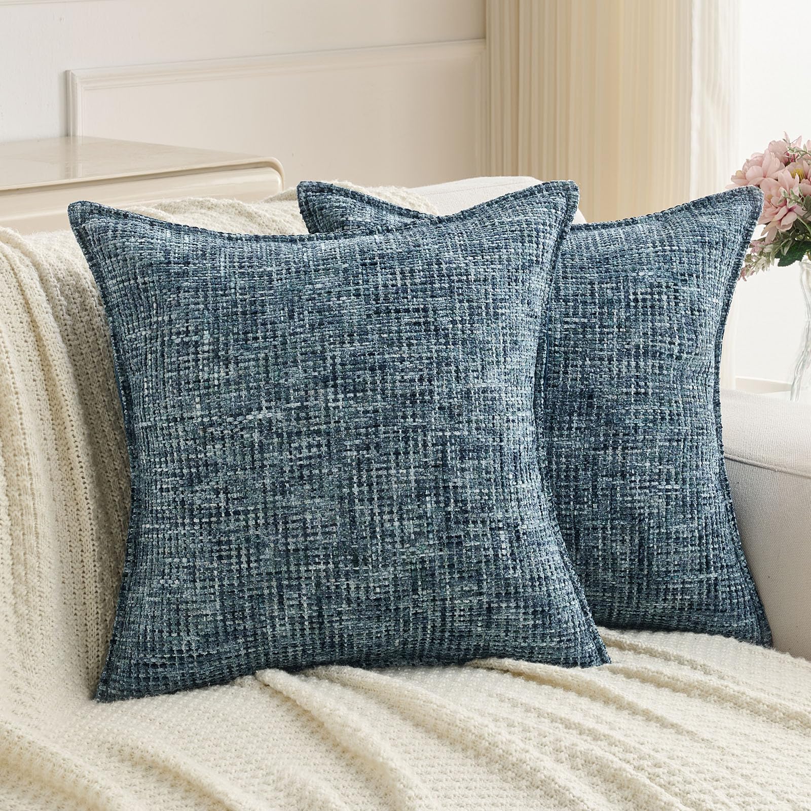FUTEI Set of 2 Soft Tweed Chenille 40x40 cm Cushion Covers Farmhouse Micro-Check Textured Scatter Pillow Covers 40 x 40 cm Vintage Accent for Sofa Bed Living Room, Navy Blue — image 1