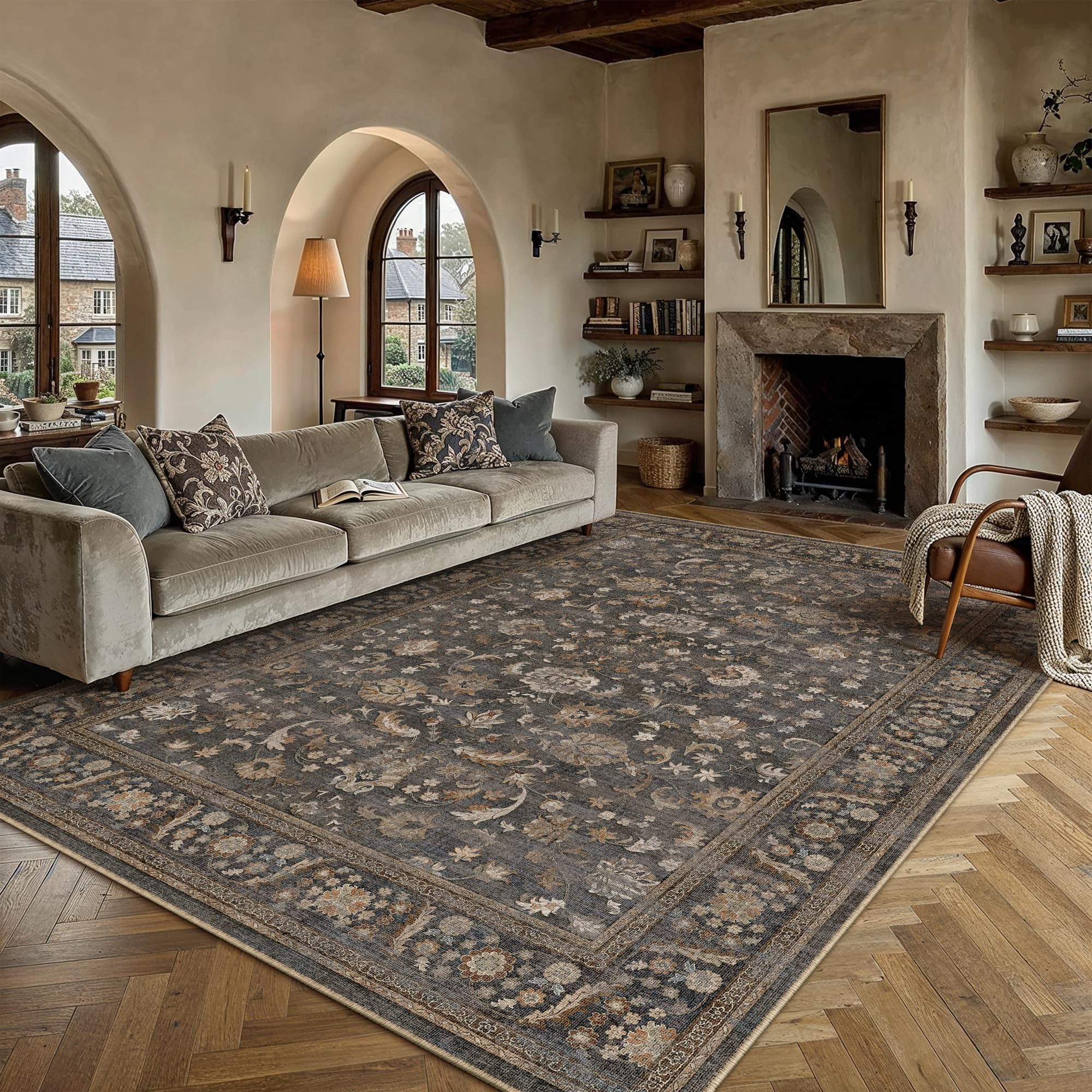 PureCozy Brown Blue Area Rug 6x9 Vintage Floral Distressed