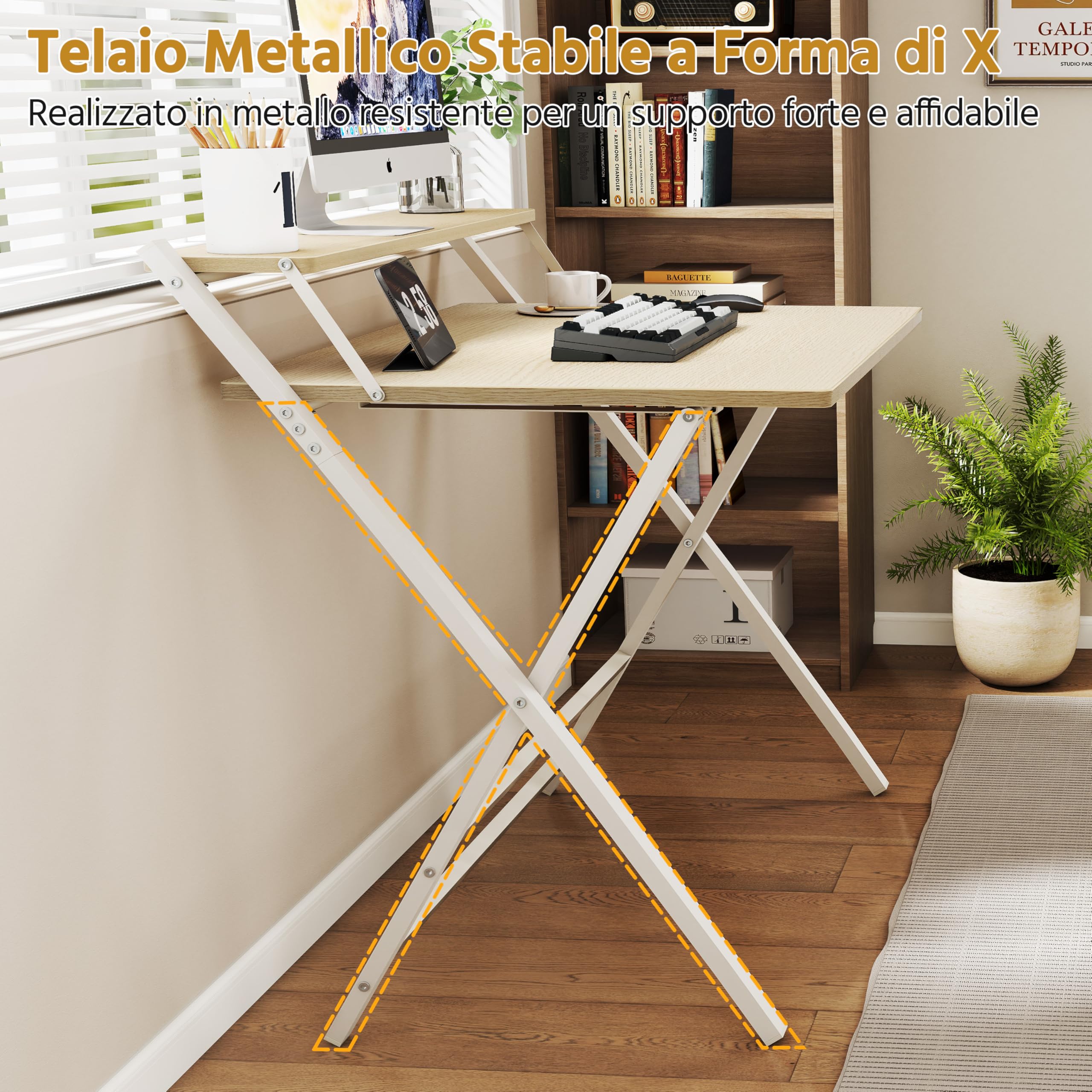Yaheetech Scrivania Pieghevole per Computer a 2 Livelli 80 cm Tavolo Pieghevole in Legno Moderno Design Scrivania Salvaspazio Compatto Tavolino con Ripiano per Monitor Legno Chiaro