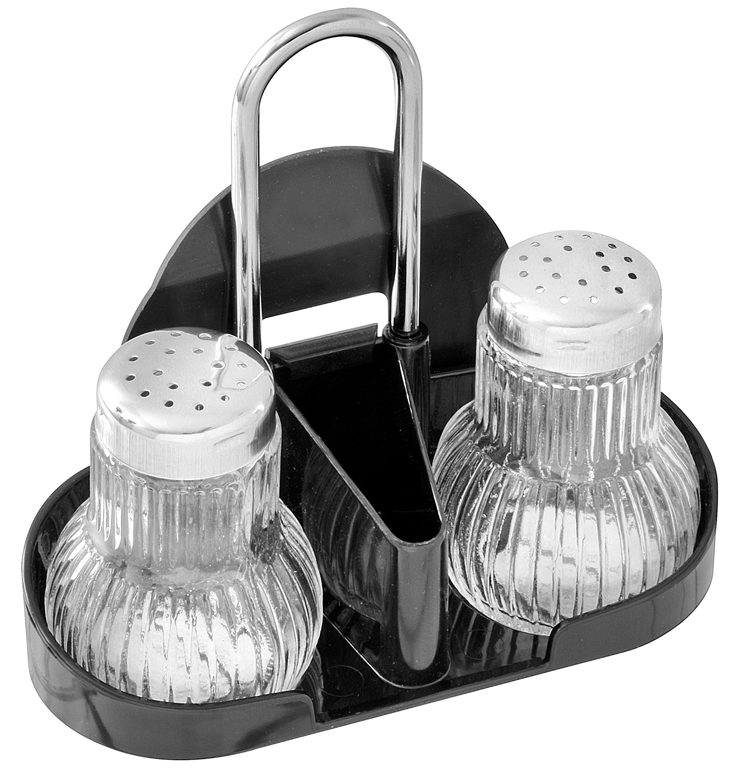 Fackelmann Silber/Transparent/Schwarz Griffmenage Rubin Spice Rack With Salt And Pepper Shakers, Toothpick Container And Card Holder (Colour: Silver//Black), Quantity: 1 Piece