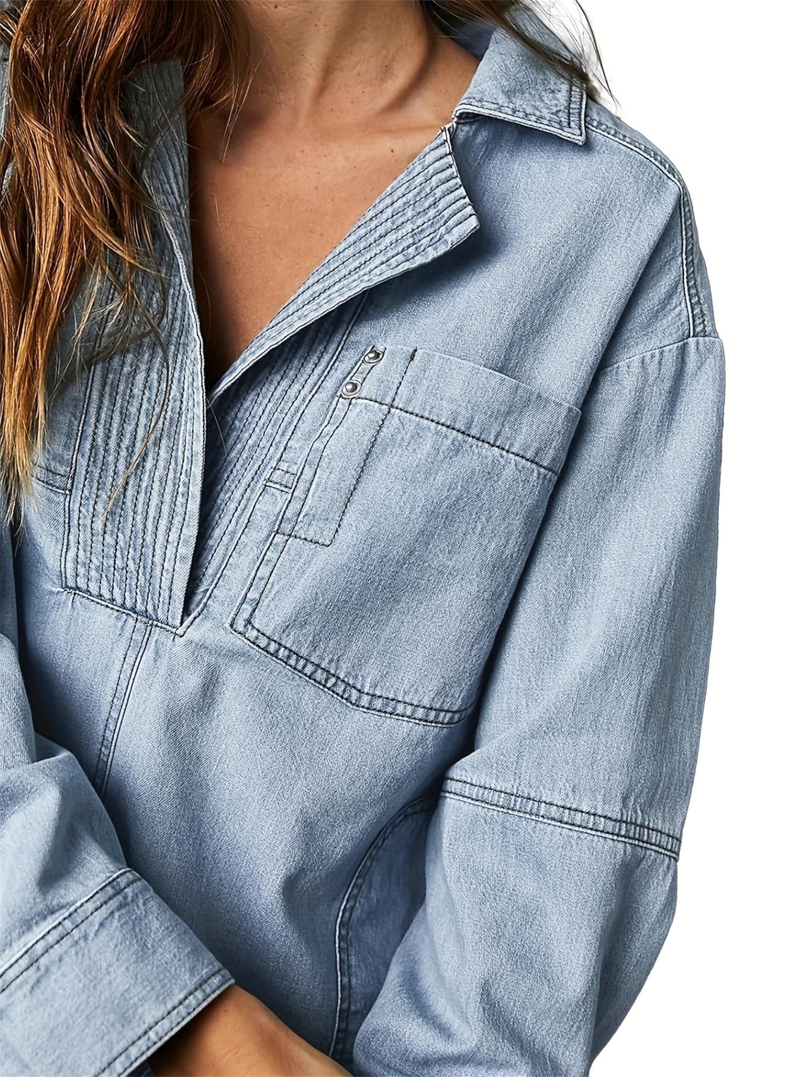 Camisa Vaquera Mujer Oversize Cuello V Manga Larga Blusa Denim Holgada con Bolsillos Casual