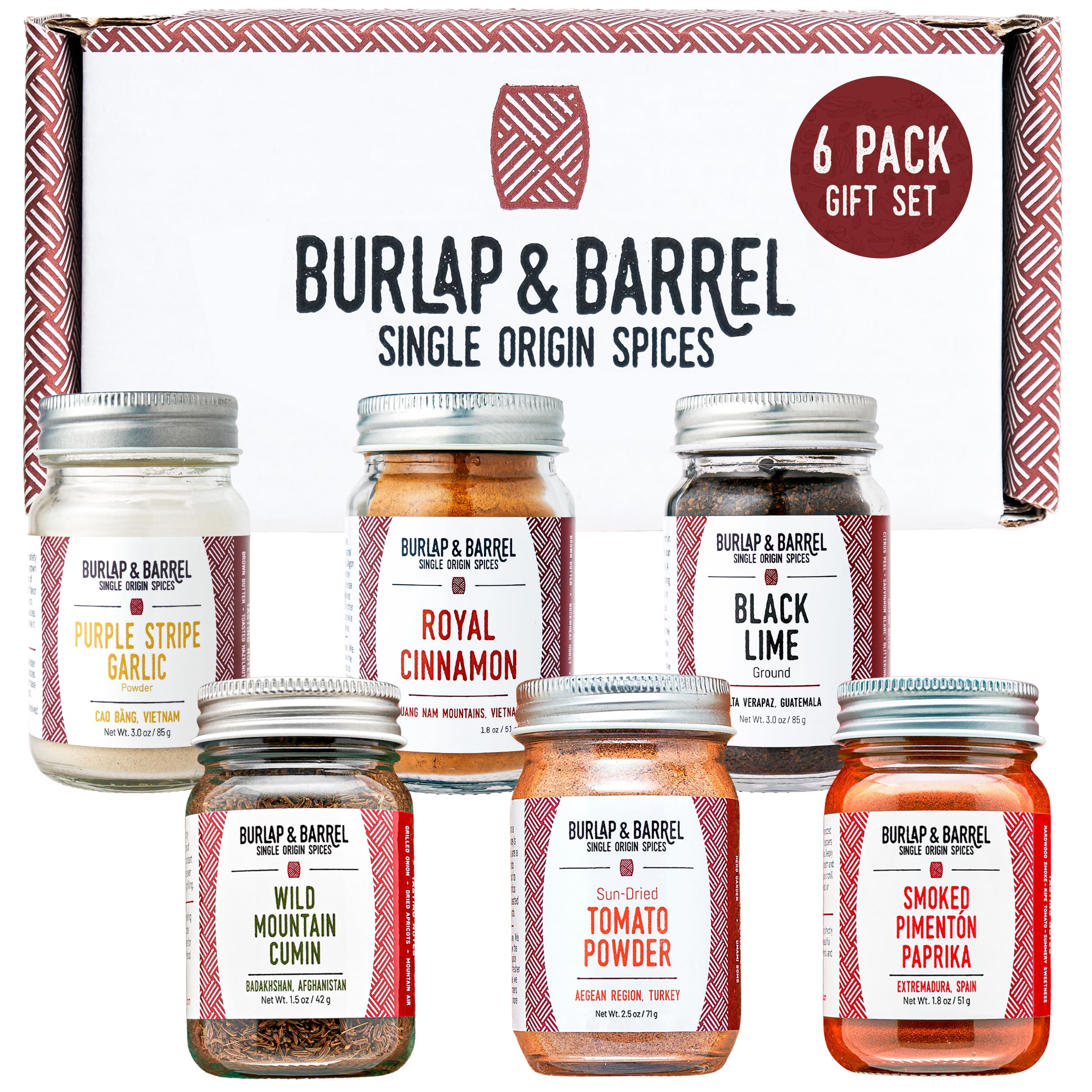 Burlap & Barrel 6-Pack Spice Gift Set – 6 Full-Size Jars of Favorite Spices for the Curious Cook – Includes Cinnamon, Garlic & More Seasonings - As