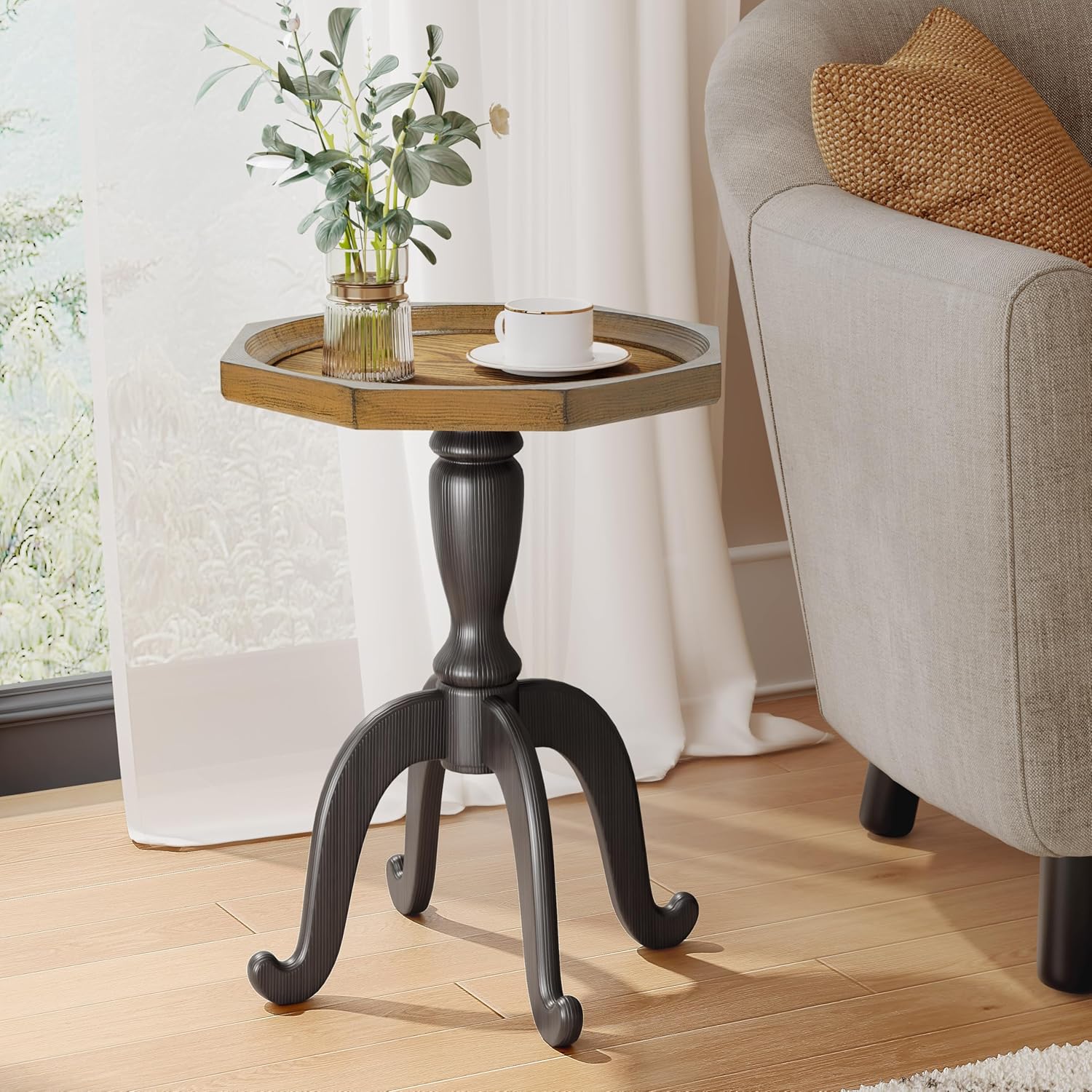 Christopher Knight Home Elizabeth 25" Small End Table with Spider Leg, Living Room Side Table, Accent Table with Lipped Tabletop, French Country Furniture, Wooden Small Coffee Table, Black + Natural