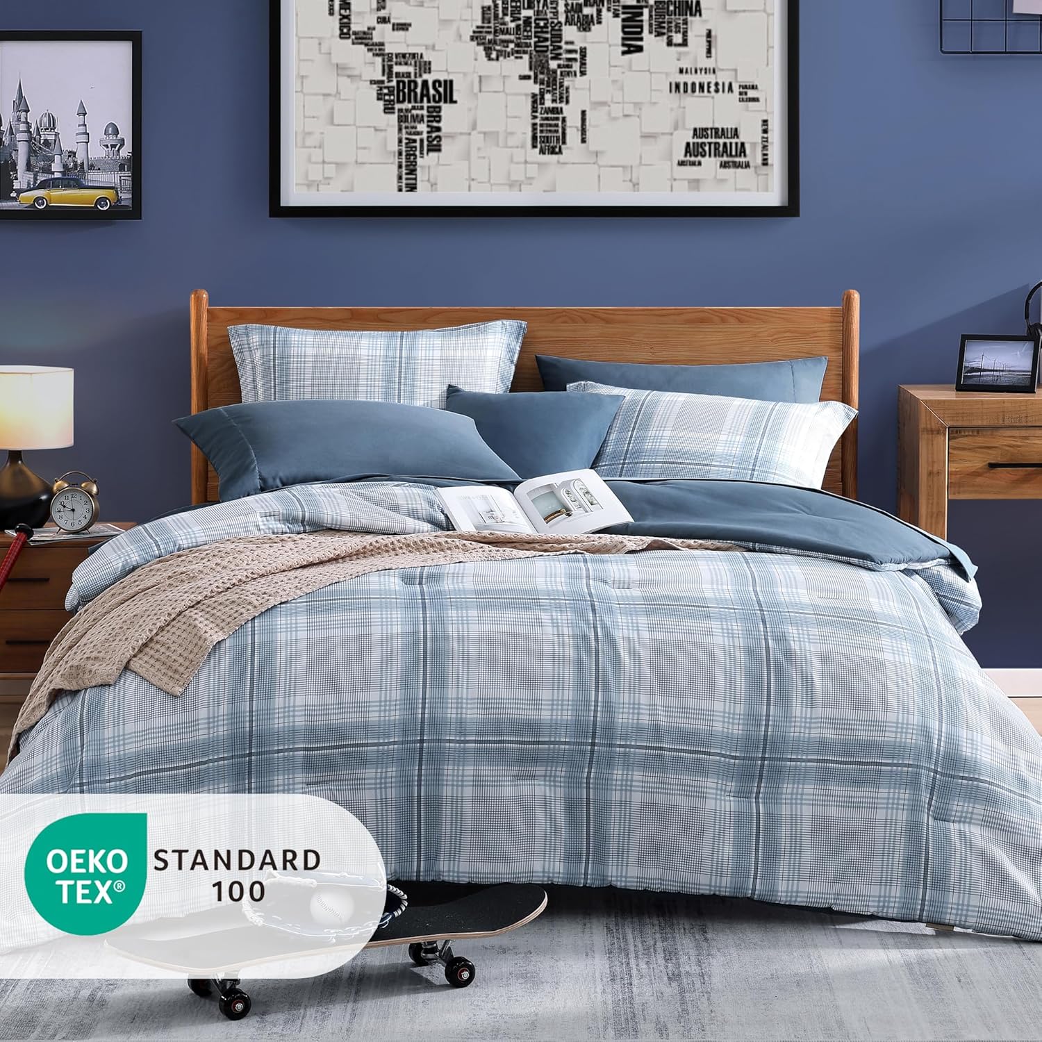 Twin XL Comforter Set, Light Blue Plaid Bedding Set 5 Piece for Boys Girls Teen, Classic Homestead-Style Kids Comforter Set Bed in A Bag with Sheets, Pillowcase & Sham - Image 2