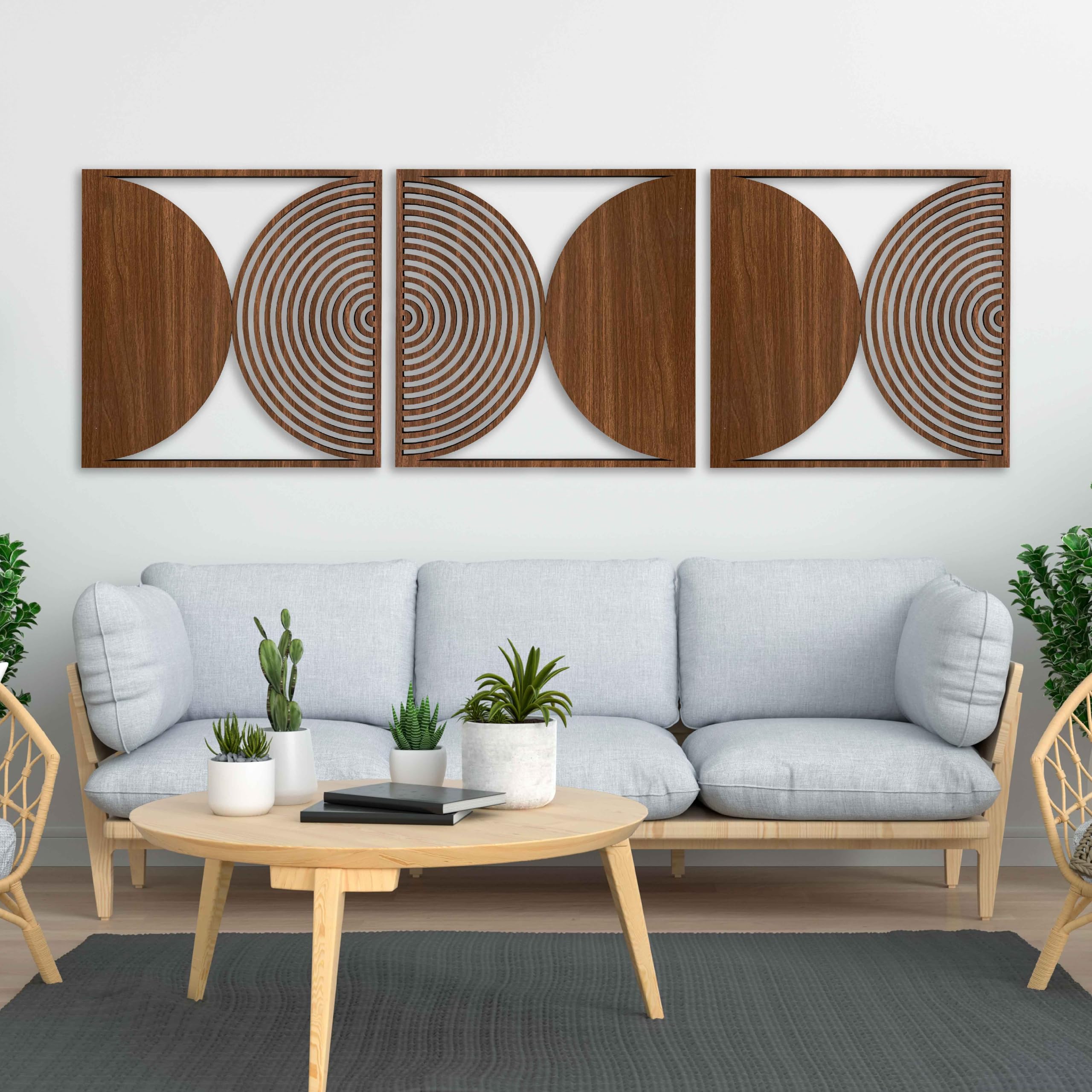 Geometrische Holz-Wandkunst, groß, moderne Wanddekoration, runde Paneele für Schlafzimmer oder Wohnzimmer, rustikaler Boho-Holz-Wandakzent #59
