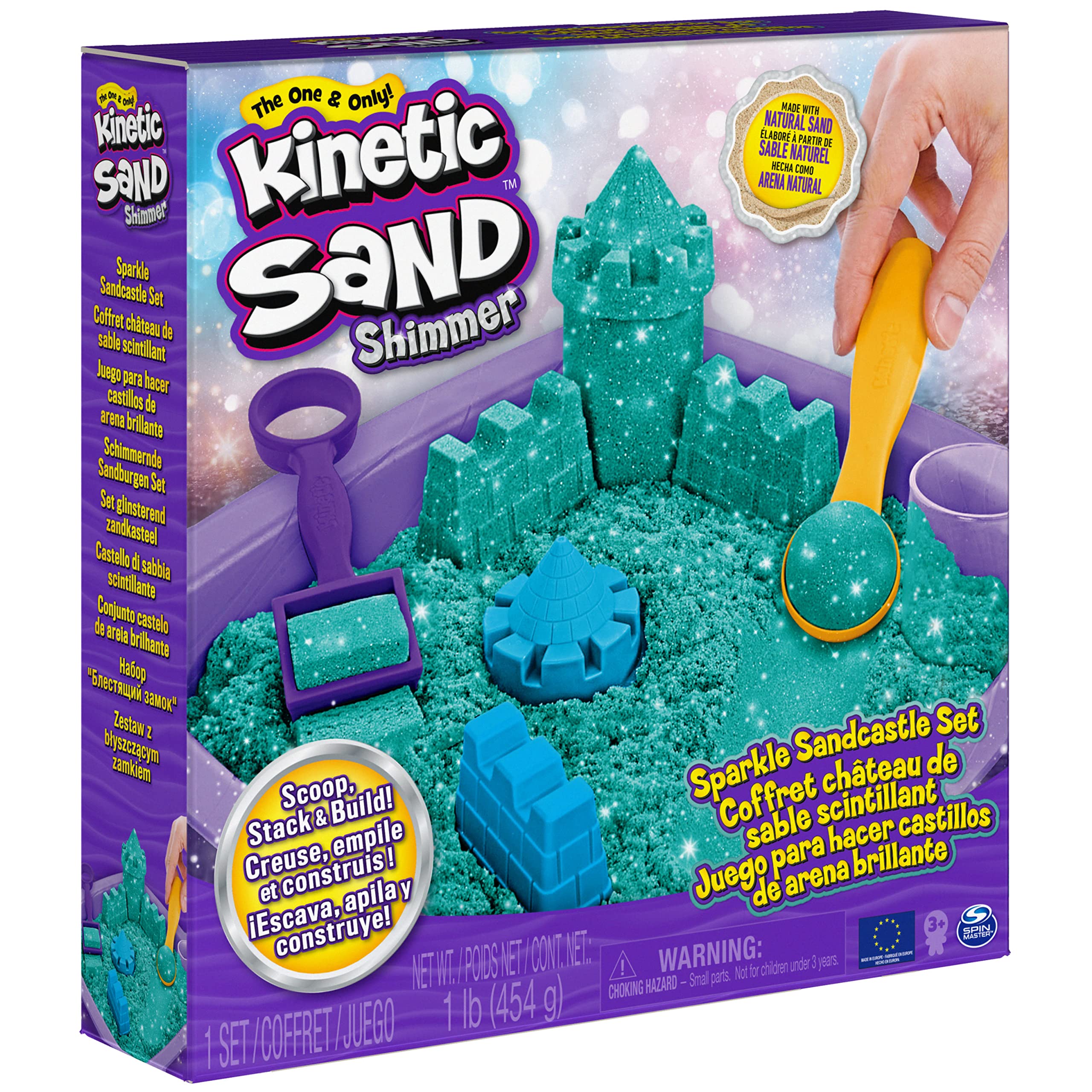 Kinetic Sand |Zamek Shimmer Sand | Piasek kinetyczny 454gr | Magiczny piasek | Zielony Kolorowy Piasek | 3 akcesoria i tacka W zestawie | zabawki dla dzieci i dziewczynek 3 lata