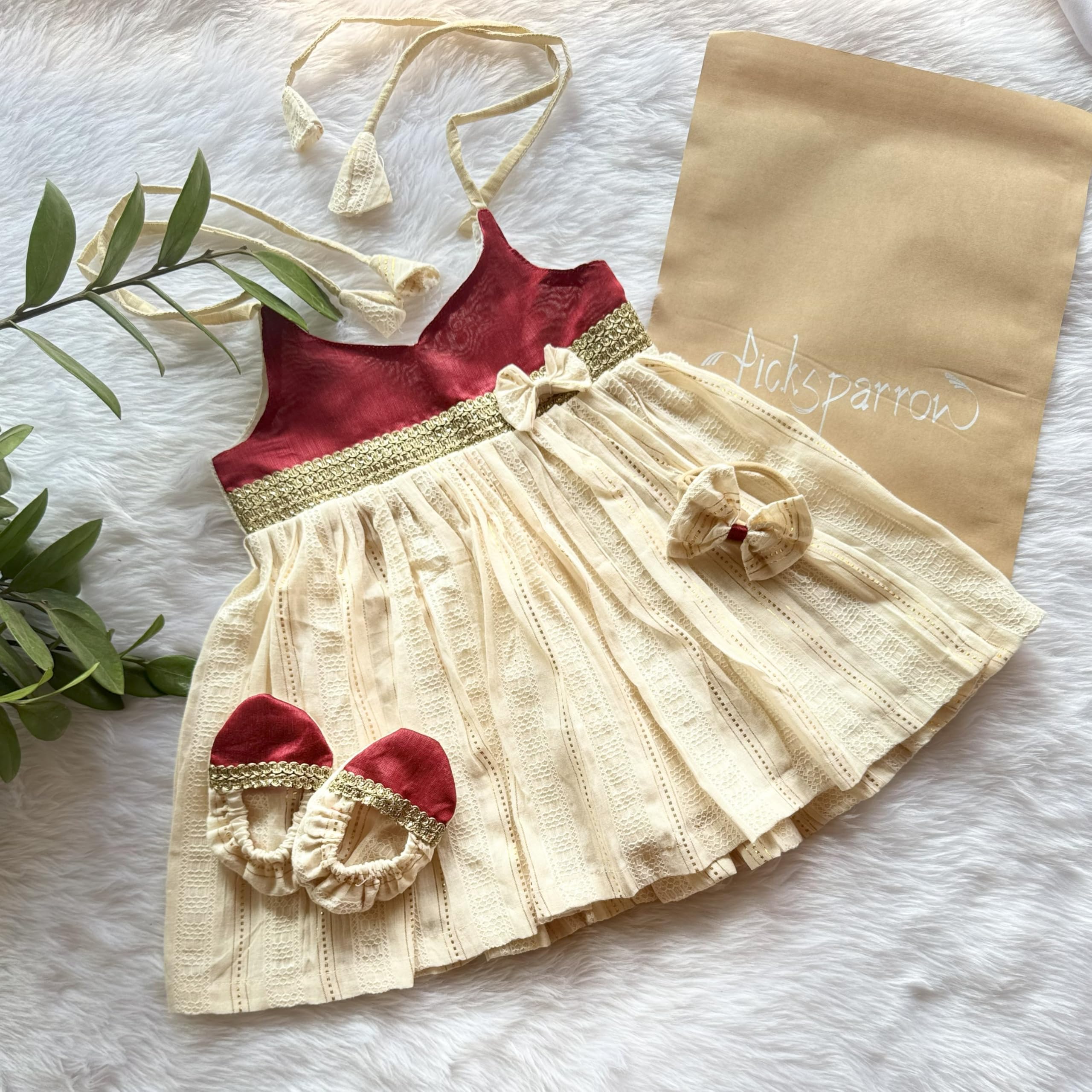 Picksparrow Baby Girl Cotton Lurex Dress-headband-Booties/Irupathettu Set (Maroon, 3-6 Months) - Image 2 thumbnail