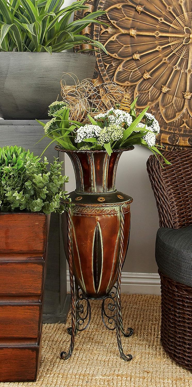 Deco 79 Metal Amphora Vase with Attached Metal Stand and Intricate Design, 9" x 9" x 27", Brown