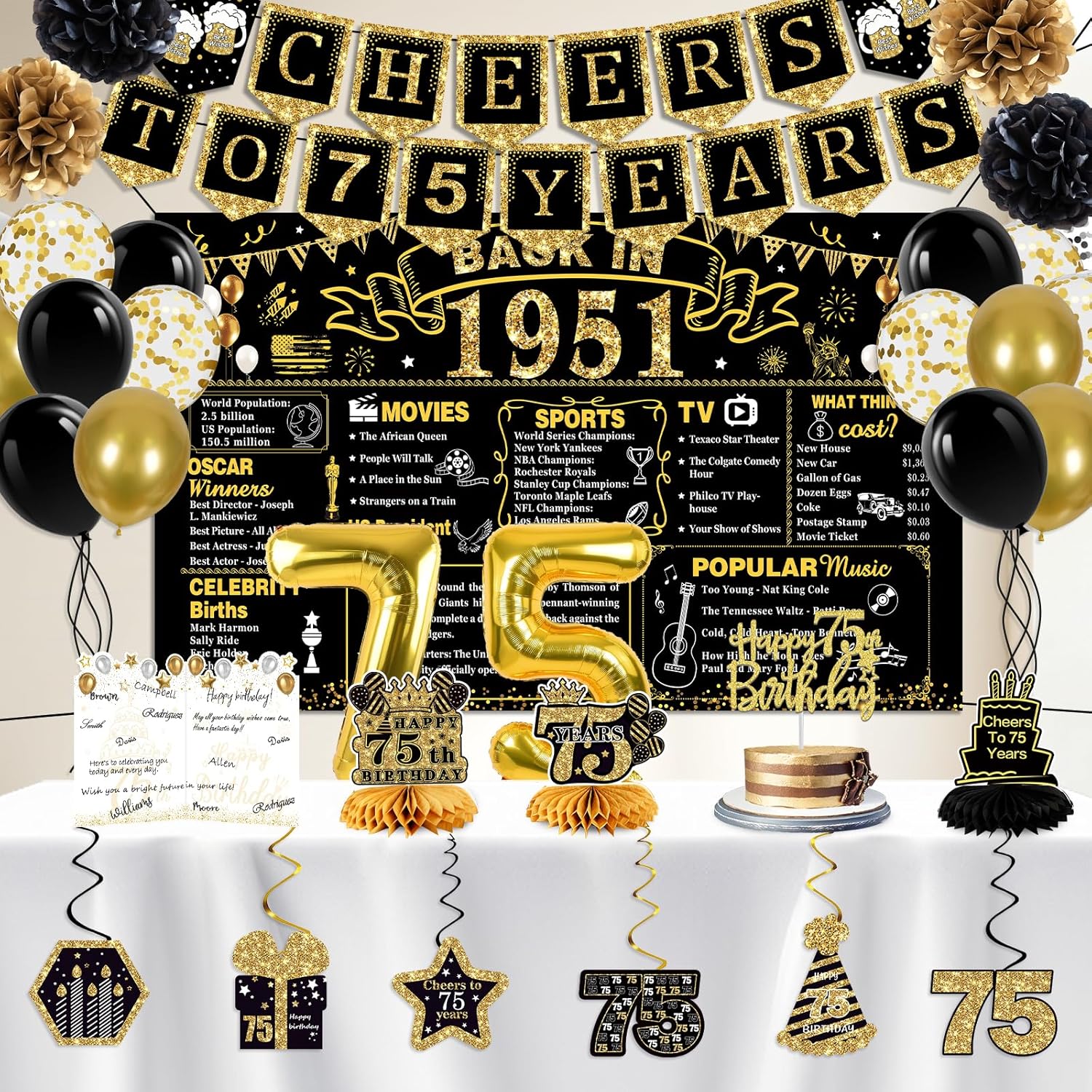 75th Birthday Decorations for Men Women, 22PCS 1951 Banner Decorations, Including Banner, 6 Honeycomb Topper, 75 Balloons, Anniversary Card, Cheers to 75 Years Banner, 7 Hanging Swirl,4 Paper Poms - Image 2