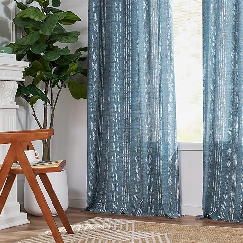 Miniatura 8 de Vangao Cortinas bohemias con estampado de rayas azules, cortinas de lino de 84 pulgadas de largo, cortinas de lino para sala de estar, dormitorio,