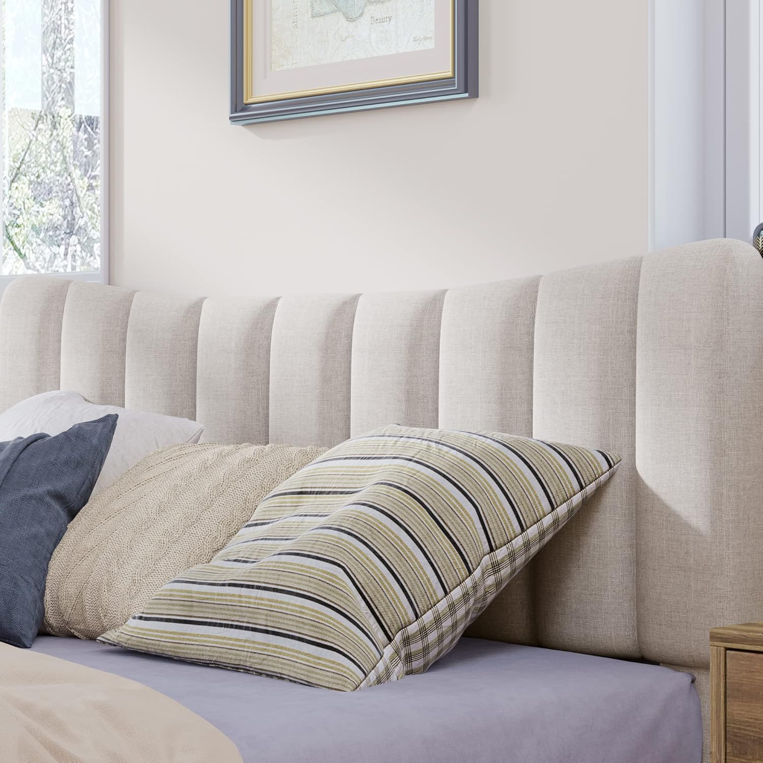 Queen Size Bed Frame, Modern Upholstered Platform Bed with Vertical Channel Tufted Headboard, Heavy Duty Queen Bed Frames with Wood Slat Support, No Box Spring Needed,Cream