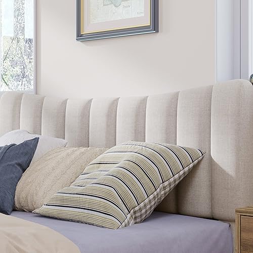 Miniatura 3 de Moderna base de cama tapizada de tamaño Queen con cabecera capitonada de canal vertical marco de cama de lino con plataforma Queen para dormitorio