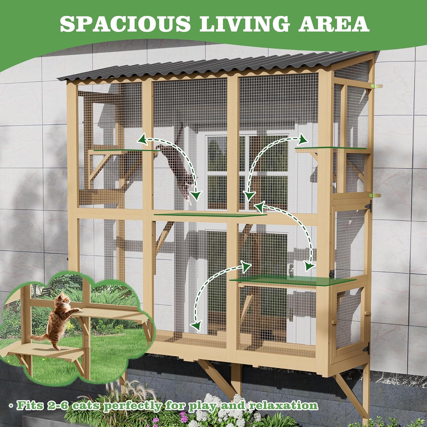 Large Outdoor Cat Window Perch, Catio Cat Enclosure Window Box with 4 Jump Platforms and 4 Doors, Cats Patio w/All-Weather Roof for Indoor Kitty Sunbathing, Napping, Playing