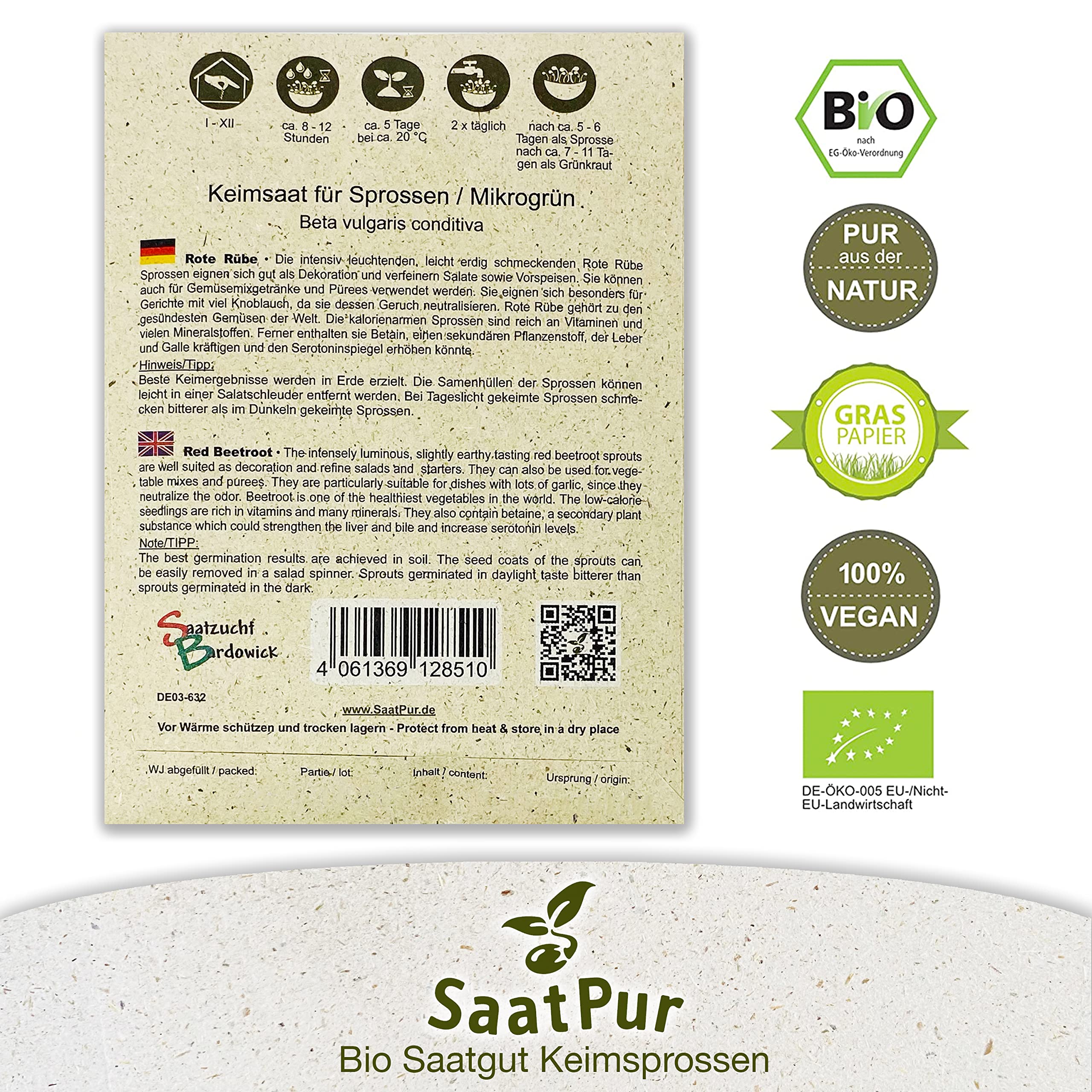 Rote Rübe BIO Keimsprossen von SaatPur - Sprossen, Microgreens - Rote Bete - Großes Tray mit 30 Portionstüten je 30g