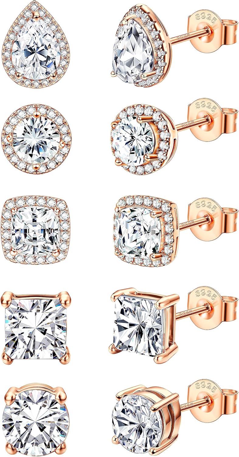 FASACCO 925 Sterling Silver Stud Earrings Large CZ Stud Earrings Fake Diamond Stud Earrings Silver Studs Set Cubic Zirconia Stud Earrings