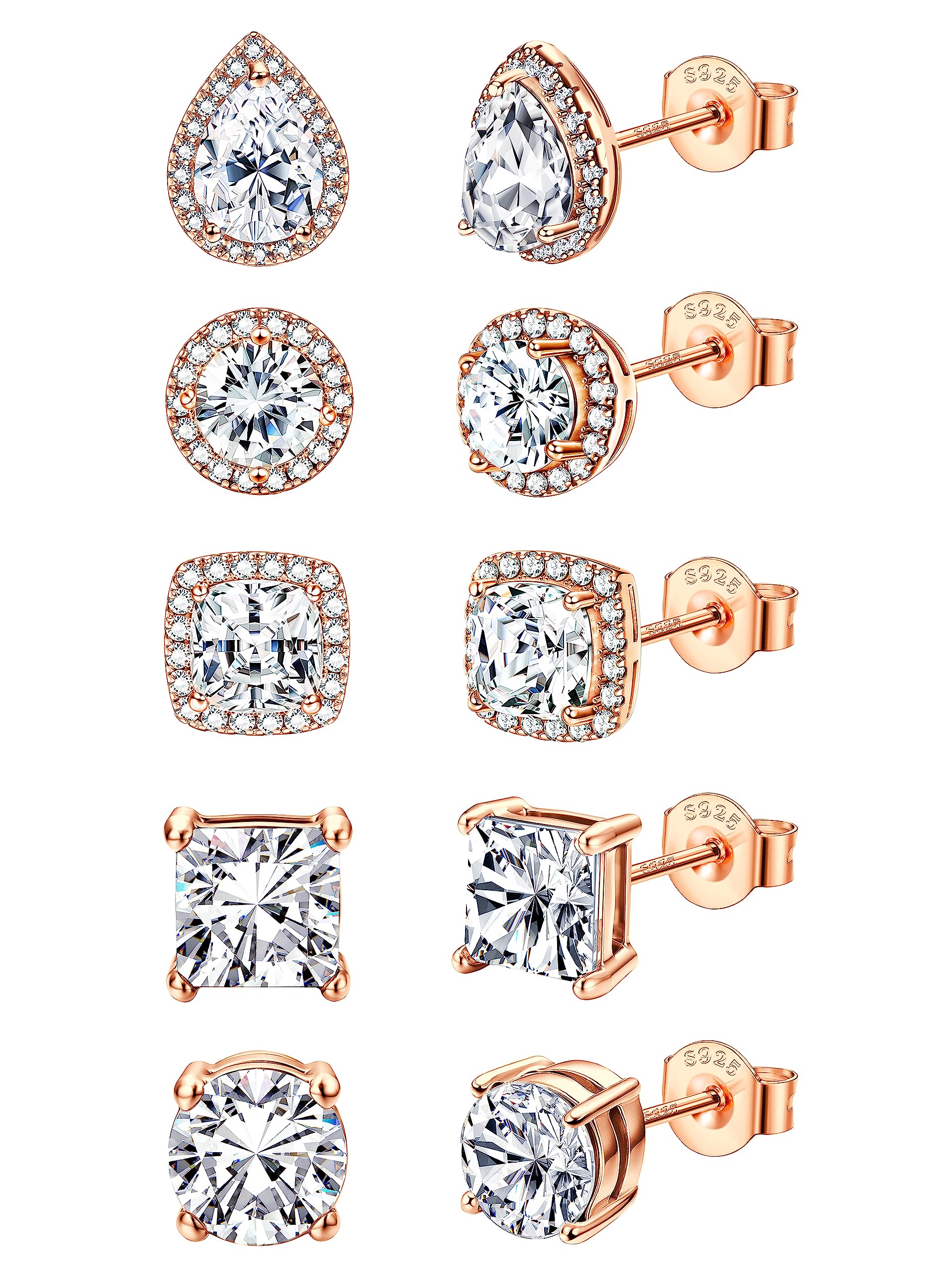 FASACCO 925 Sterling Silver Stud Earrings Large CZ Stud Earrings Fake Diamond Stud Earrings Silver Studs Set Cubic Zirconia Stud Earrings