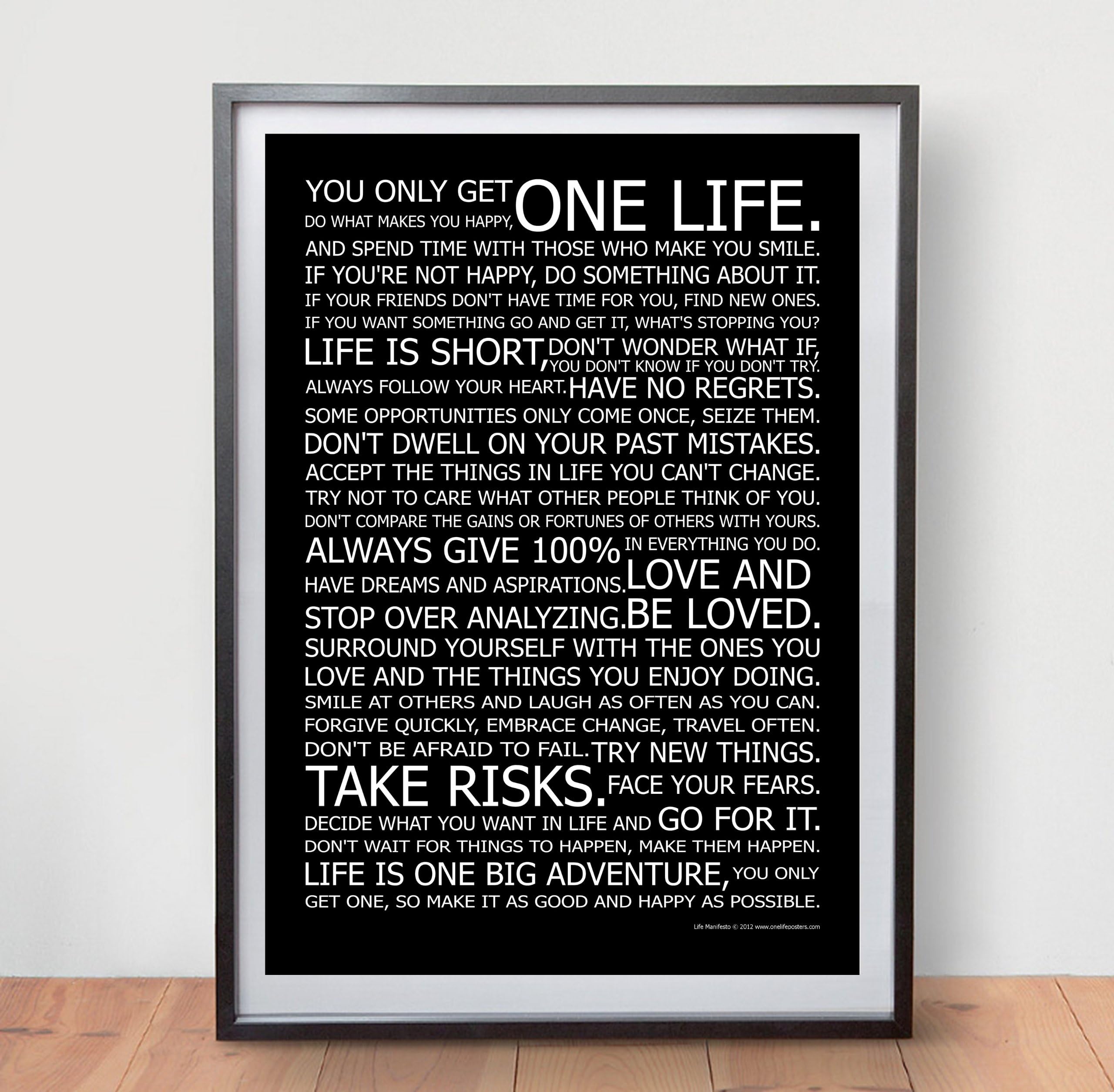 Life Manifesto Poster - in Black - Motivational Quote Wall Art Picture Print - Size A2 (420 X 594mm)