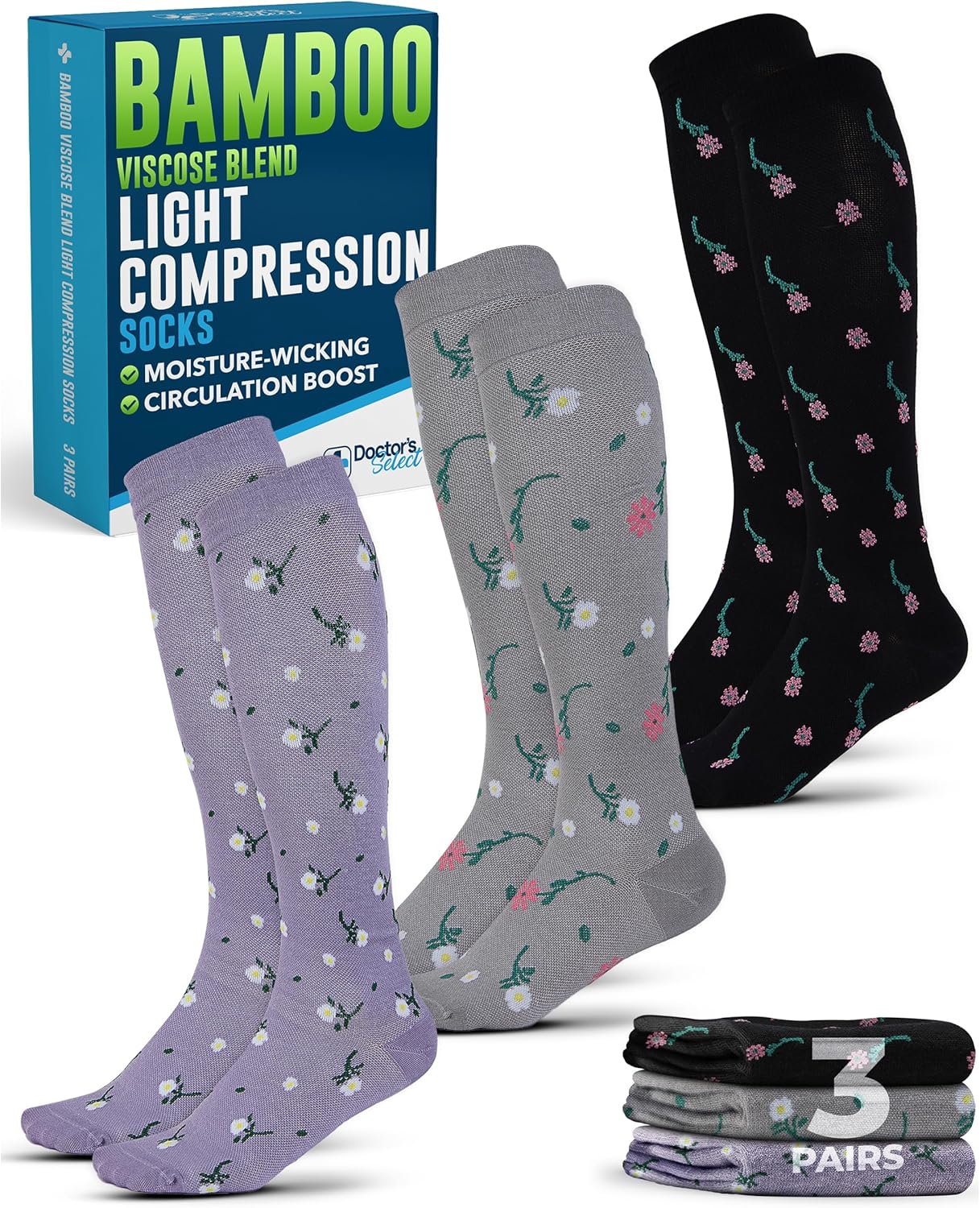 Doctor's Select Bamboo Viscose Light Compression Socks for Women & Men - 3 Pairs, 8-15 mmHg Compression Socks, Knee High