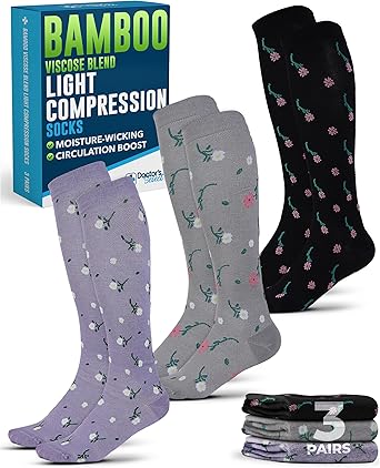 Doctors Select Bamboo Viscose Light Compression Socks for Women & Men - 3 Pairs, 8-15 mmHg Compression Socks, Knee High