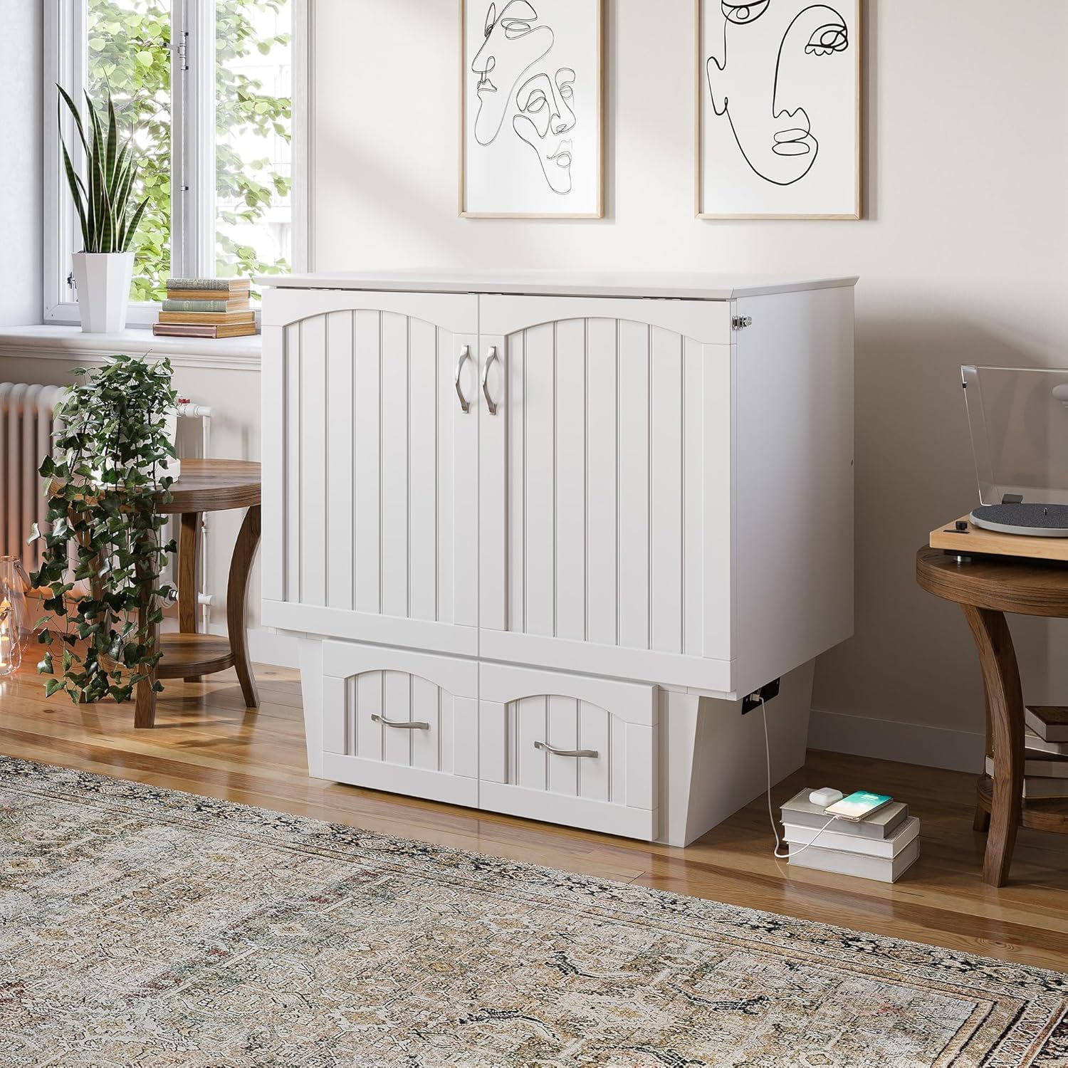 AFI, Sydney Twin Wood Murphy Bed Chest with 6" Mattress, Storage Drawer & Built-in USB Charger, White