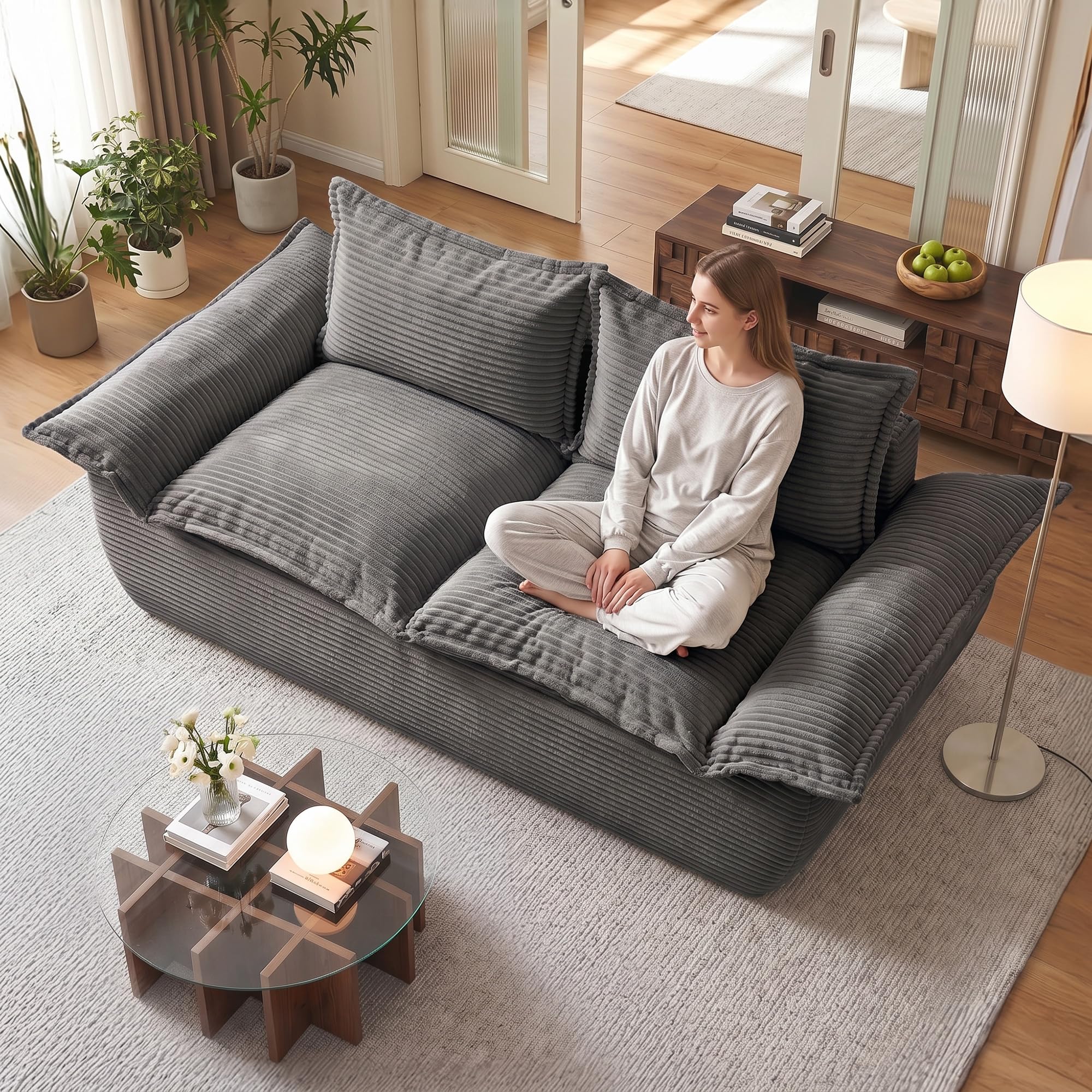 55" Convertible Corduroy Sofa Bed, Boneless Foldable Loveseat Sleeper Couch, Compressed Foam Floor Sofa with Removable Cushions & Pillows for Small Space Living Room