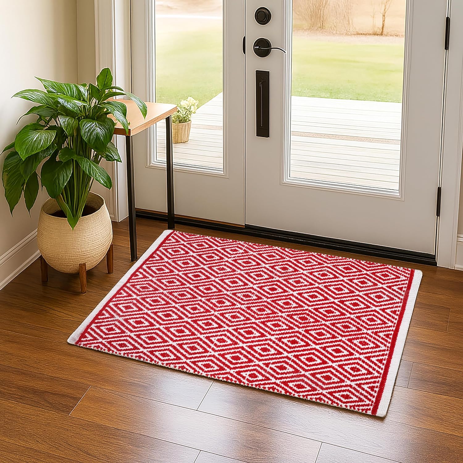 Ramanta Home 100% Cotton Diamond Handwoven Reversible Rug 24x60 Inch– Grey| Soft Washable Area Rug for Bathroom, Kitchen, Bedroom, Entryway | Durable Lightweight Handmade Accent Floor Mat | Boho Decor