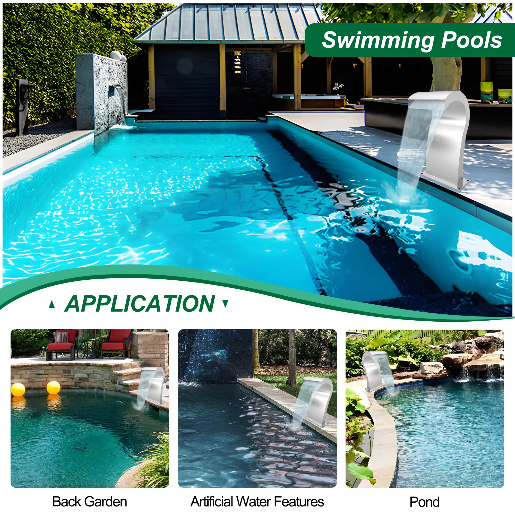 Fontana curva per piscina a cascata in acciaio inossidabile con accessori, per laghetti, cascate a forma di S, per esterni, fontane per giardino, patio, piscina, decorazione, 52 cm di