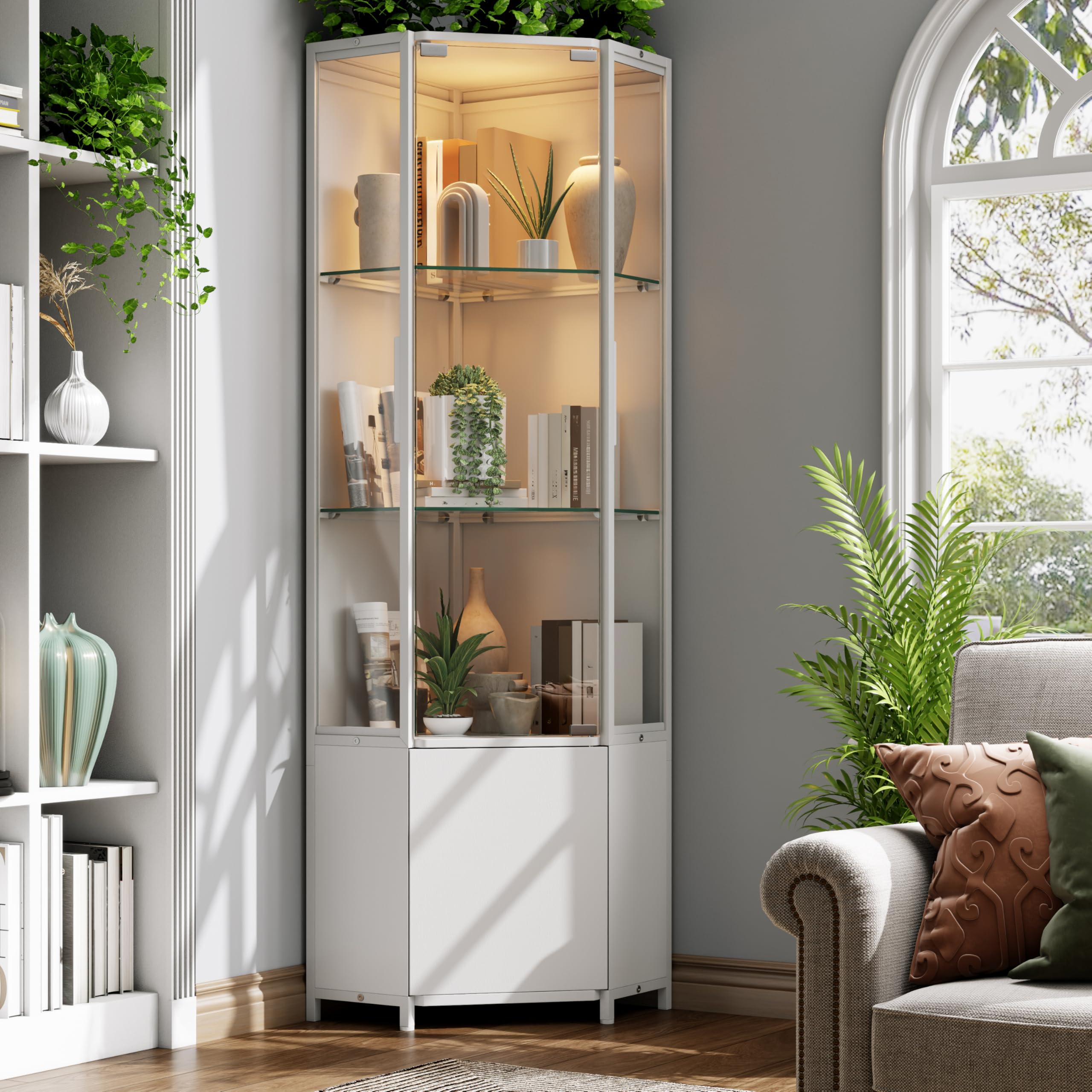 Eckvitrine mit Gehärtetem Glas，165cm Höhe Eck Vitrinenschrank mit LED Beleuchtung，3-stufige Schauvitrine und 1-stufige Cabient, Vitrine für Sammlerstücke, Spirituosen, Wohnzimmer, Schlafzimmer, Büro