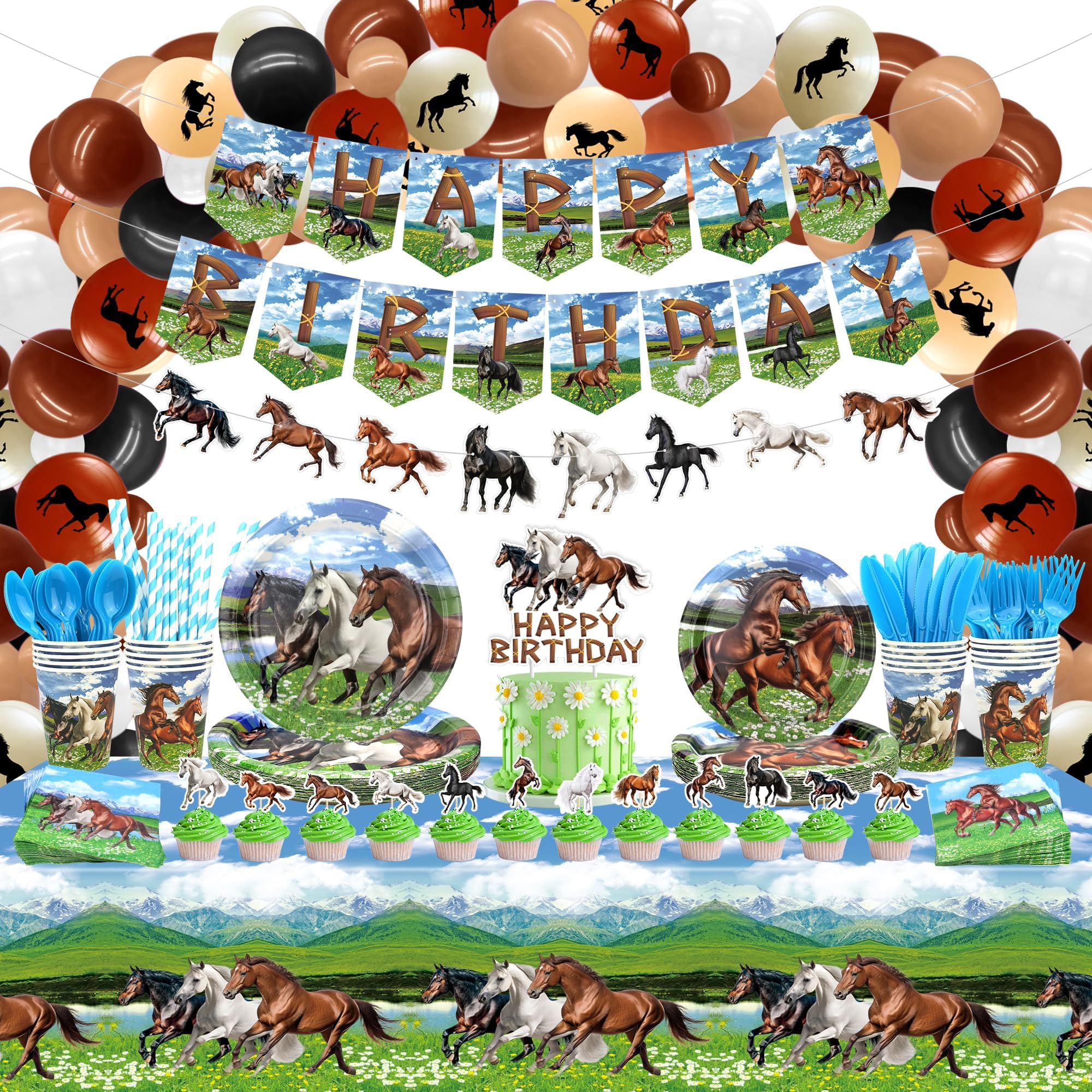 Horse Party Decoration Set - Plates, Cups, Napkins, Tablecloth, Cutlery, Happy Birthday Banner, Balloons Arch, Cake Toppers for Racing, Cowboy, Western Theme Supplies