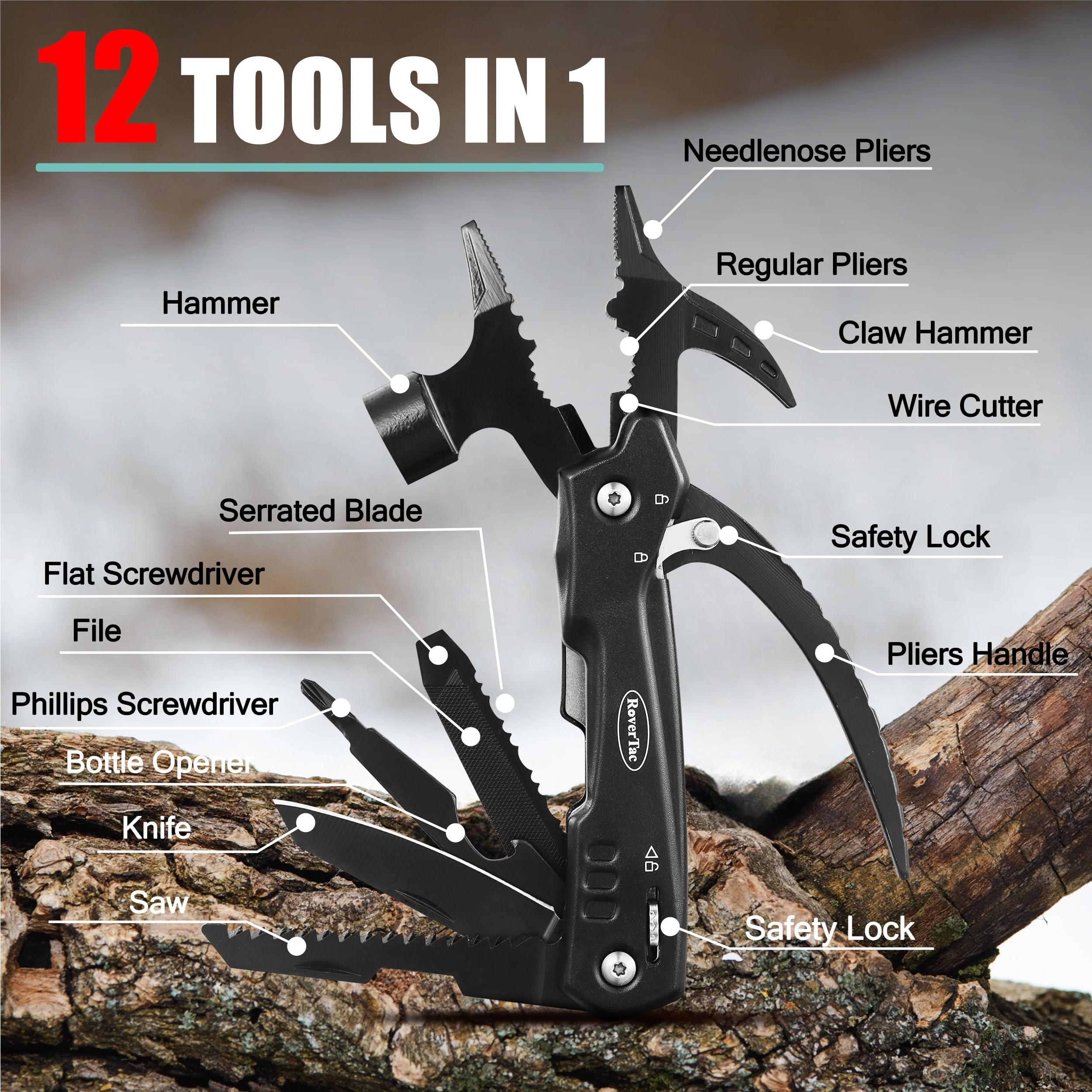 RoverTac Coffret cadeau multitools – Marteau multifonction 12 en 1, lampe torche LED, couteau utilitaire dans un coffret cadeau « I LOVE YOU » – Cadeau pour mari, petit ami, lui, les hommes