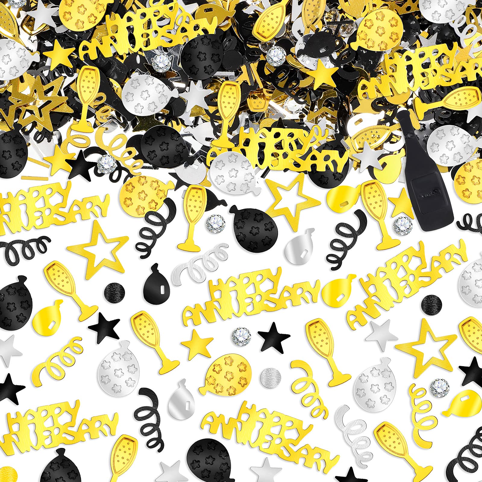 3000 Pieces Happy Anniversary Confetti Anniversary Party Decoration Confetti Metallic Foil Table Decorations Scatter Confetti for Anniversary Party DIY Arts Crafting Supplies (Gold, Silver, Black)