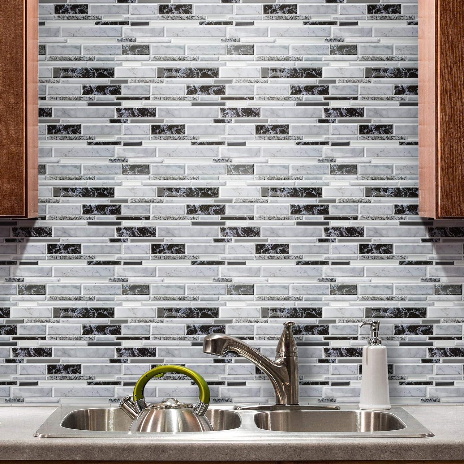 Subway Tile Peel and Stick (Faux Marble Tile) Backsplash for Kitchen, Bathroom, Car Camper, Wall Accents - Sticker Vinyl, Quick Tile, Smart Tile (Oblong Marble Black White Grey, 10pc/Pack)