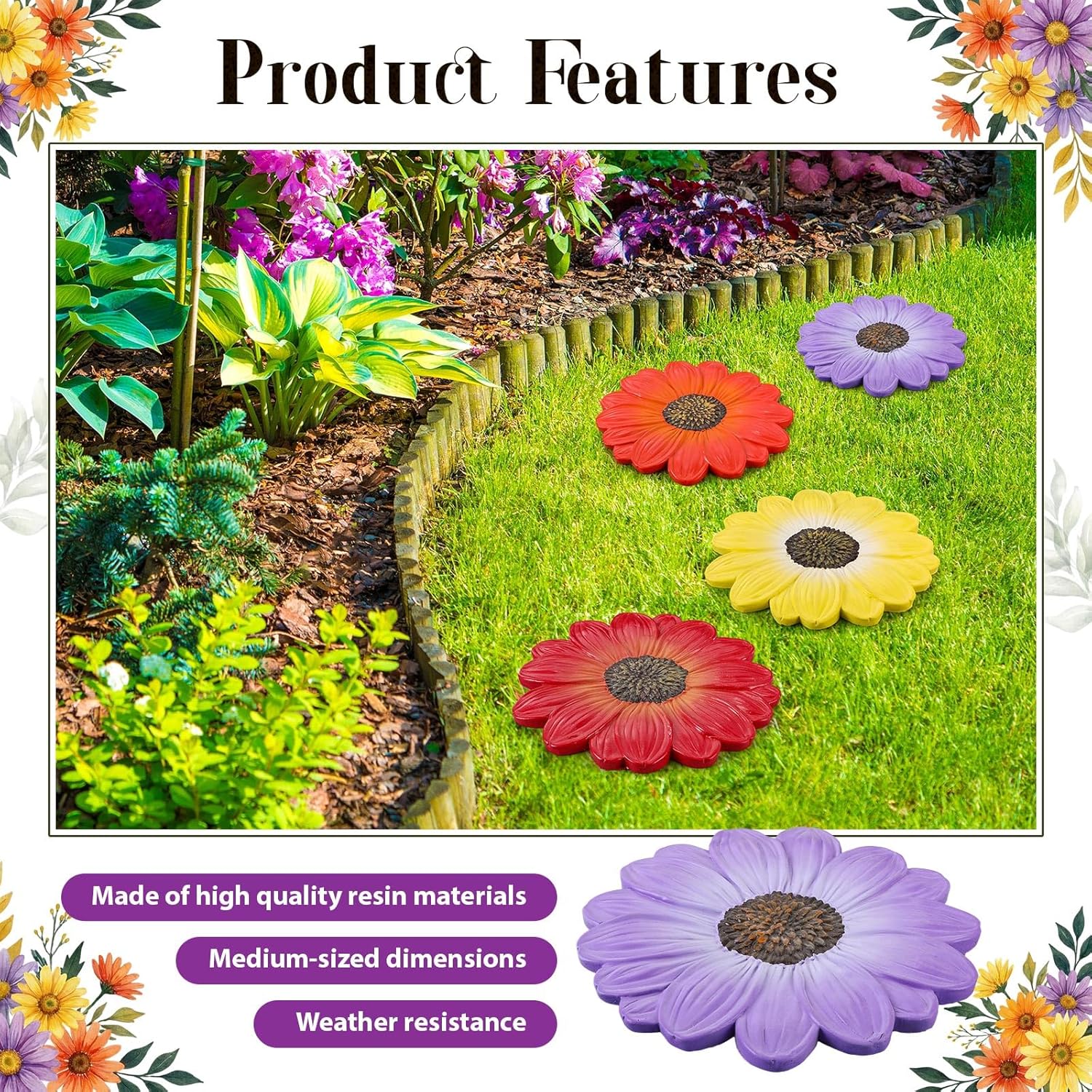Cinnvoice 6 Pack Daisy Garden Stepping Stones Outdoor - 10 Inch Resin Decorative Stone for Garden Walkway Patio Landscaping Yard Decor