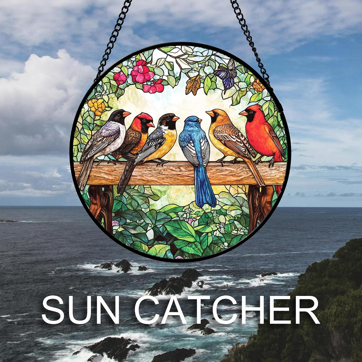 CHATYOUNG Stained Glass Window Hanging Cardinal Gifts Flower Large 11.8" - Birds Suncatcher Door Garden Home Decor and Christmas Mother's Day Birthday Gift for Grandma Nana Women Mom Wife Friend image 4