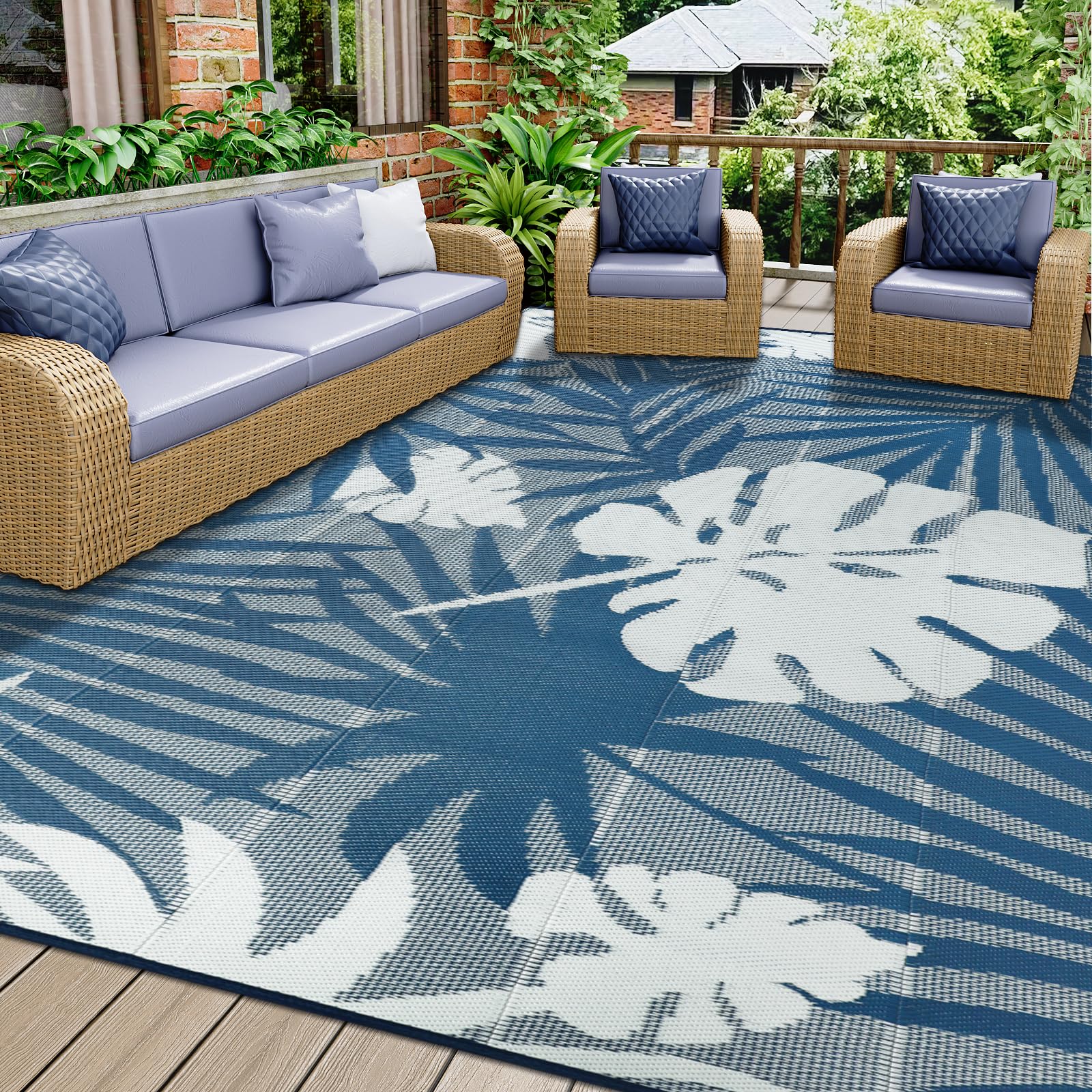 Grand Tapis D'Extérieur Résistant 180x270 Cm - Réversible Gris/Blanc - En Plastique Tressé, Antidérapant, UV - Pour Jardin, Terrasse, Pique-nique