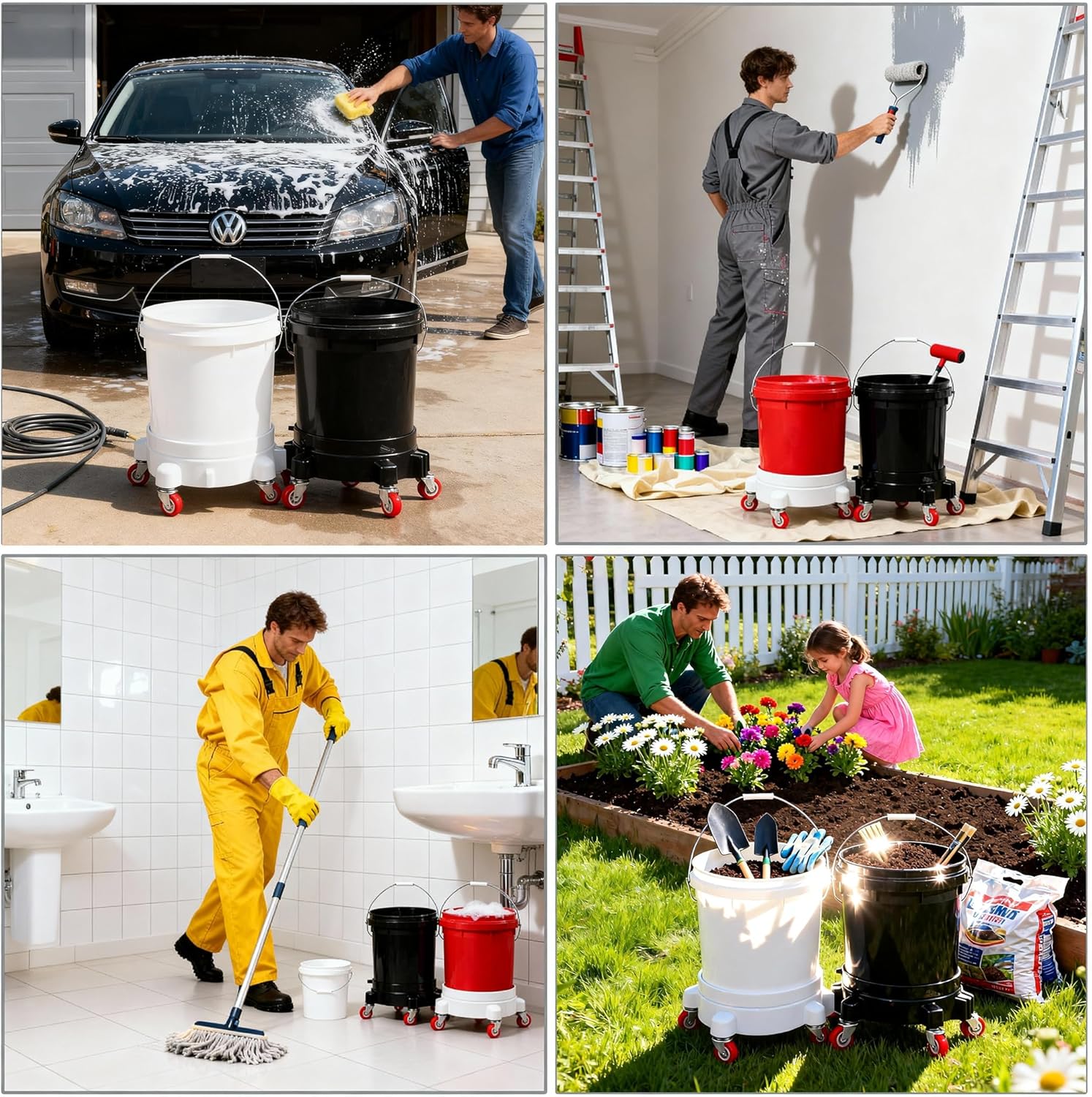 2 Pcs Connectable 5 Gallon Bucket Dolly - 11 Inch 360° Rolling Locking Casters, Black & White Set for Car Wash, Garden & Garage