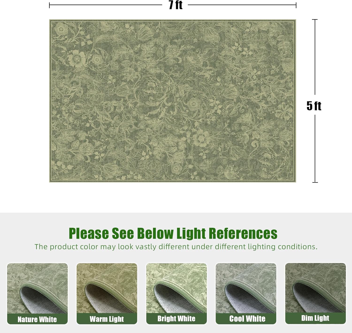 Floral Area Rug 5x7 for Living Room, Washable Vintage Farmhouse Botanical Rug, Non Slip Low Pile Thin Floor Carpet, Soft Decorative Rug for Bedroom Dining Room Home Office Light Olive