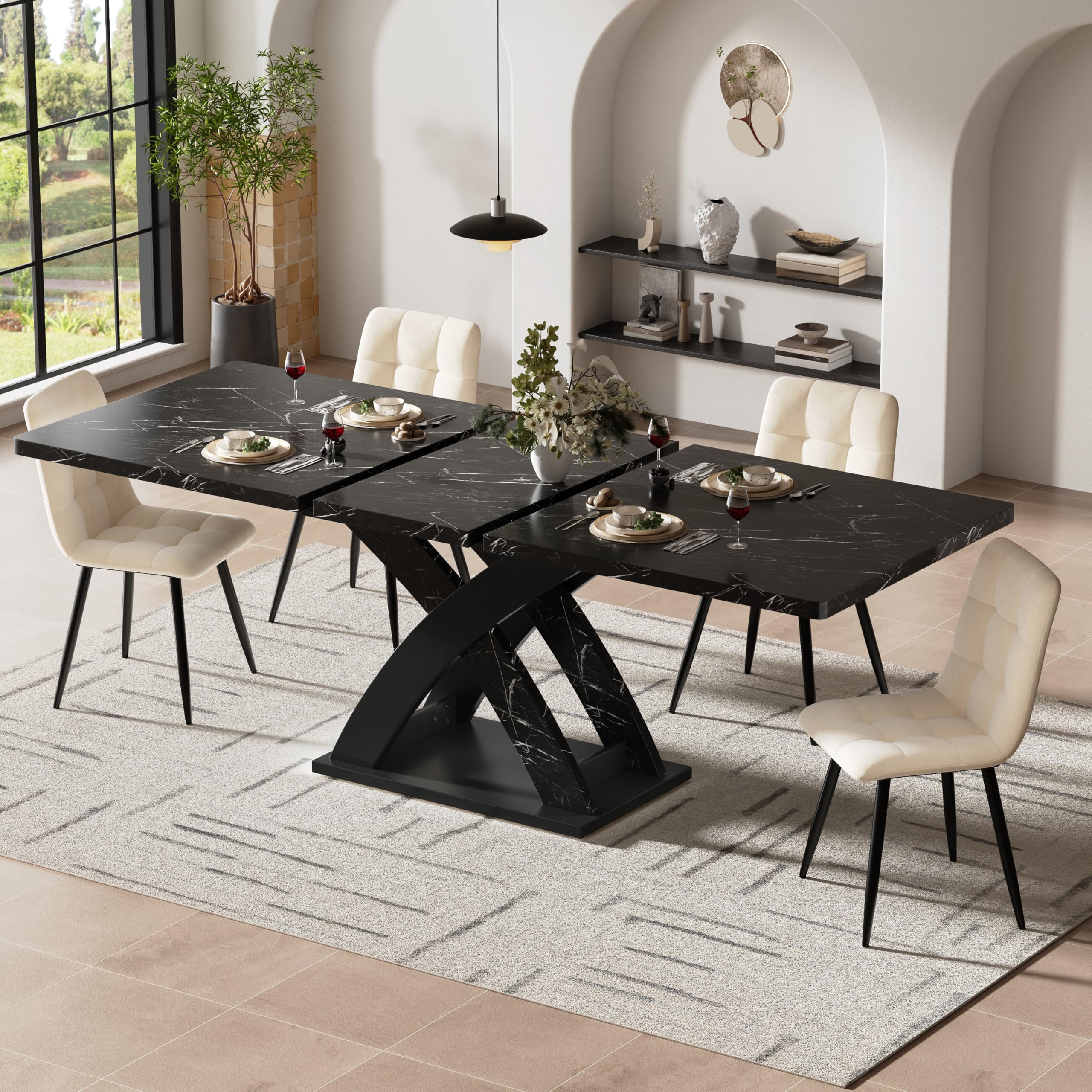 Wysuwany stół do jadalni, kuchni, jadalni lub patio – 160 cm, płyta MDF, solidny metal w kształcie litery X, do siedzenia dla 6 osób, idealny na spotkania rodzinne