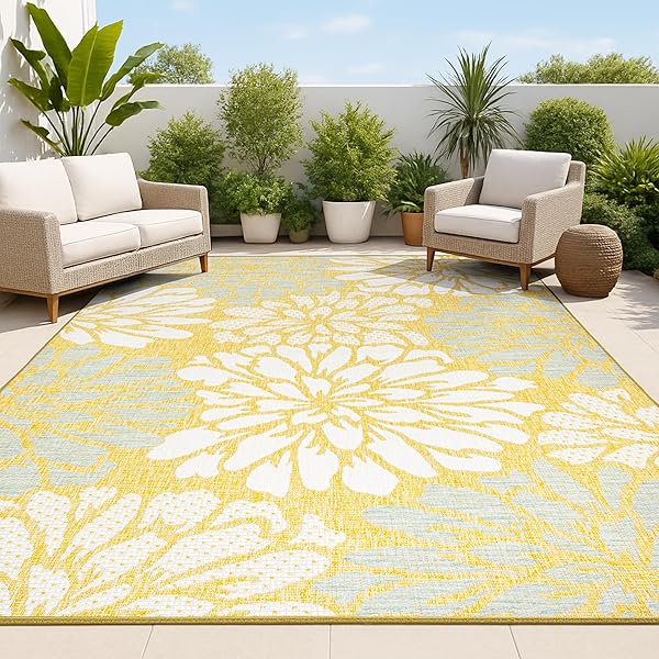 Sunny Yellow Rug Ideas for Living Room Color 13 Floral Textured Indoor Outdoor Rug