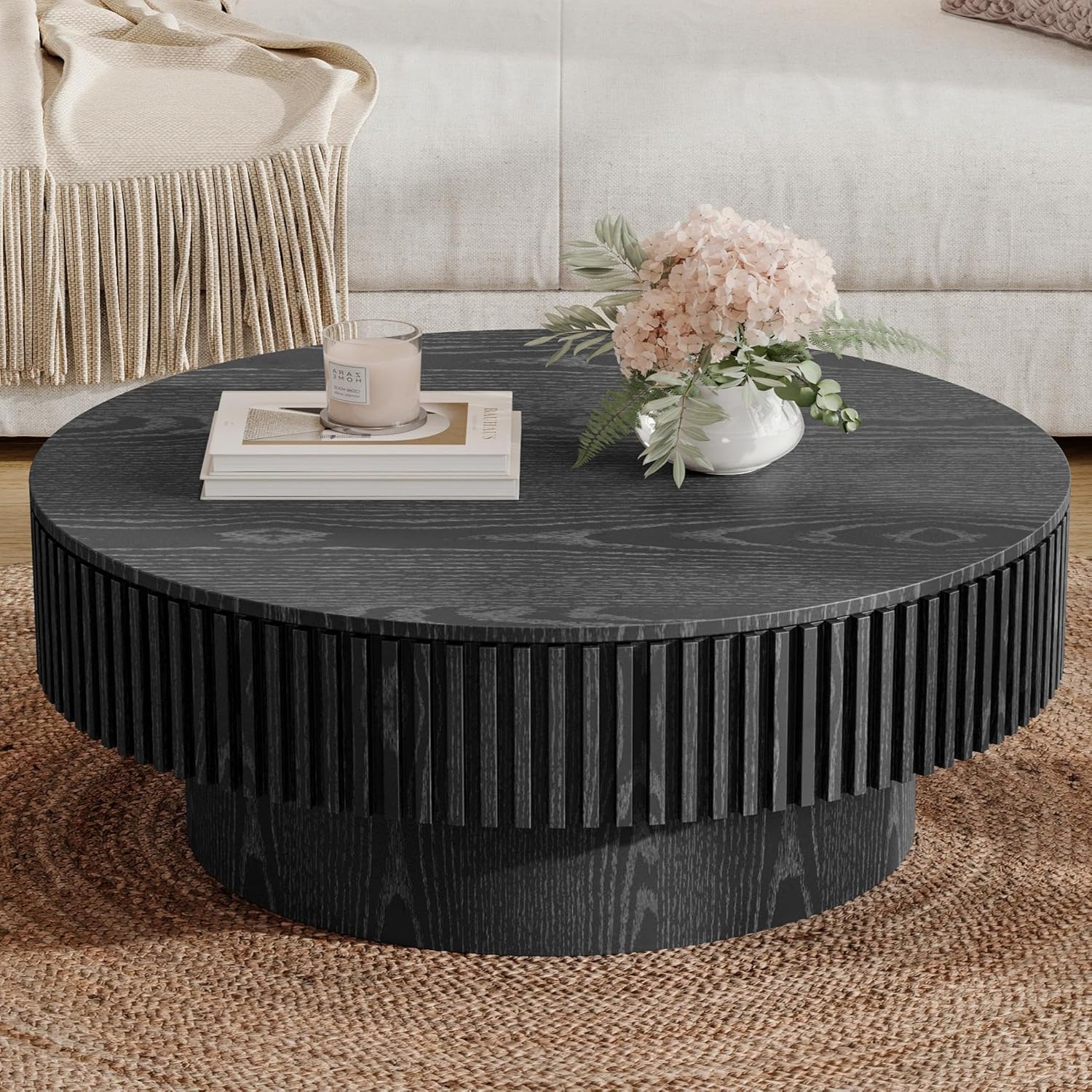 KEVINSPACE 31.5" Round Wood Coffee Tables for Living Room, Farmhouse Circle Coffee Table with Storage, Rustic Mid Century Modern Coffee Tables for Apartment, Small Spaces Bedroom Easy Assembly Black