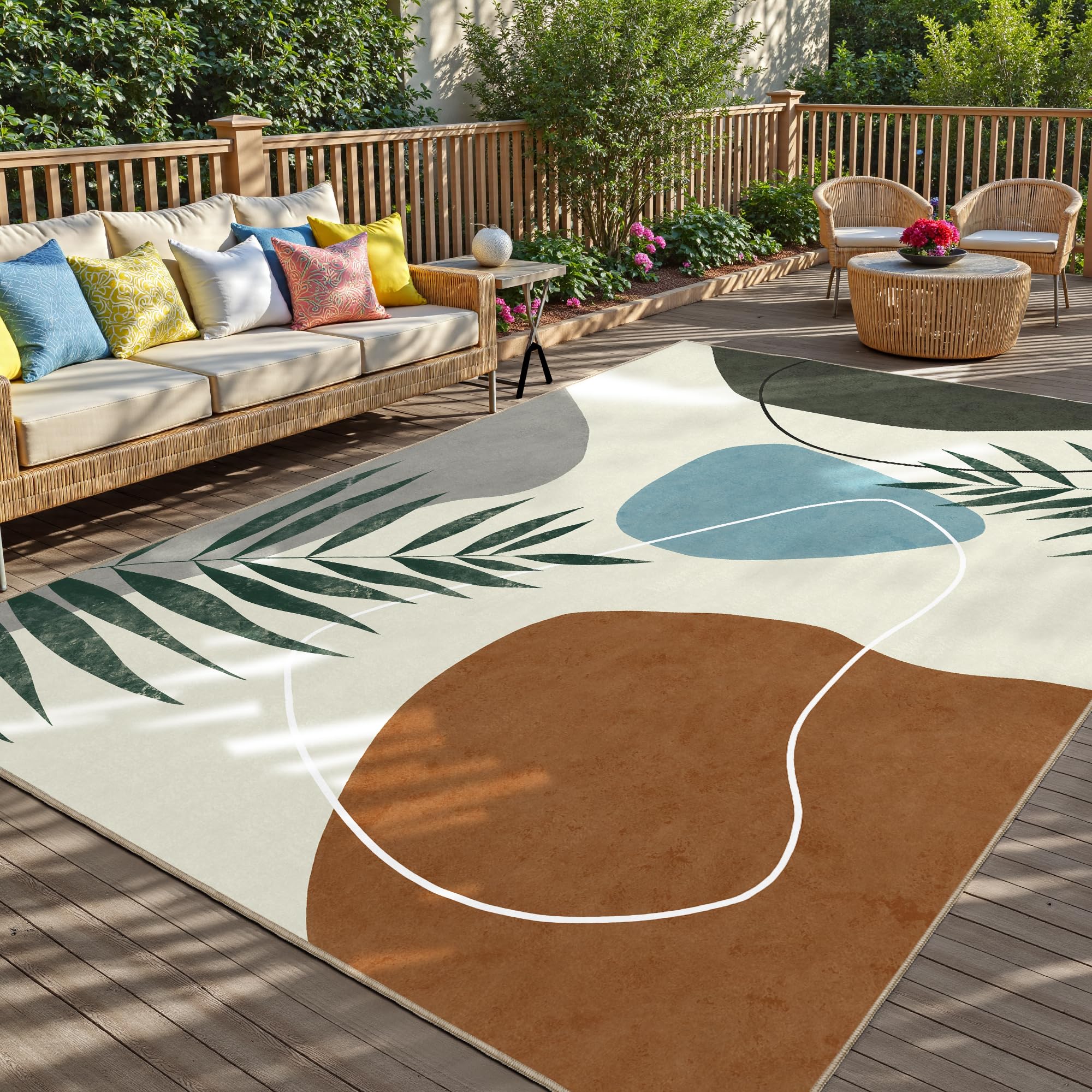 Indoor Outdoor Area Rug, Mid Century Outdoor Patio Rug, Washable Abstract Art Leaves Eucalyptus Rugs, Non-Slip Carpet for Camping, Living Room,