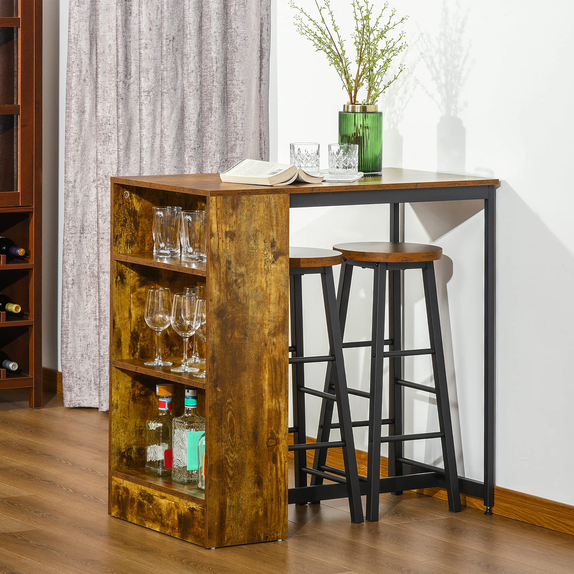 3 Piece Industrial Dining Table Set, Counter Height Bar Table