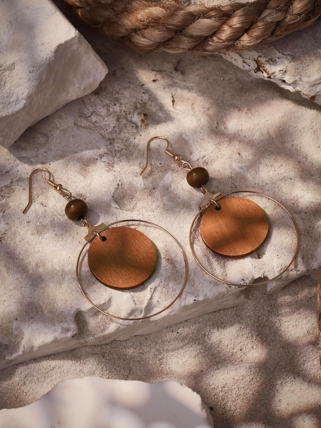 MINACHI Vintage Bohemian Circular Wooden Disc Dangle Drop Earrings, Boho Summer Jewelry Gift for Women - Image 3