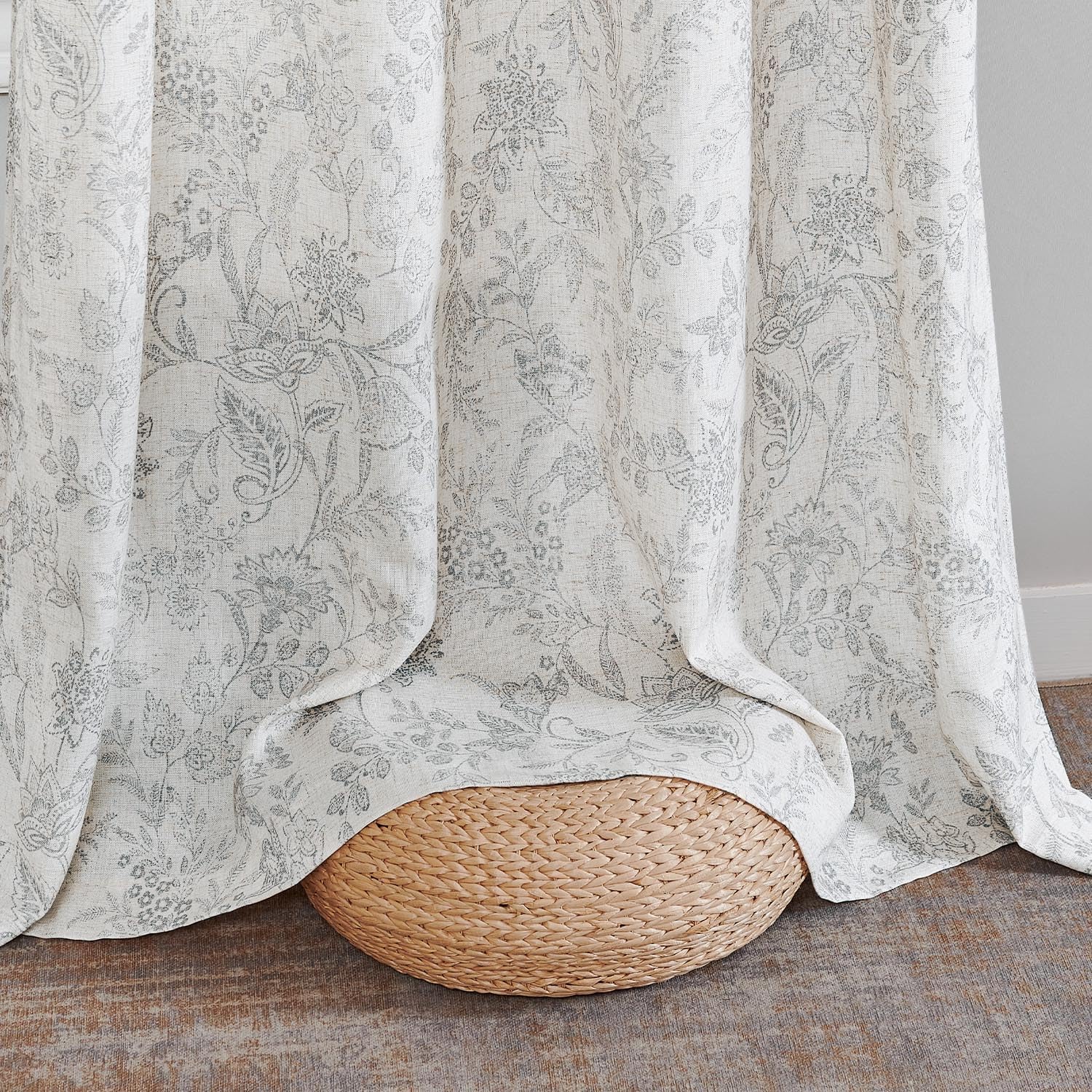 TOPICK Set di 2 tende floreali effetto lino, 210 x 140 cm (altezza x larghezza), grigio beige | Tende traslucide per soggiorno, stile rustico, oscuranti, con tunnel e passanti nascosti