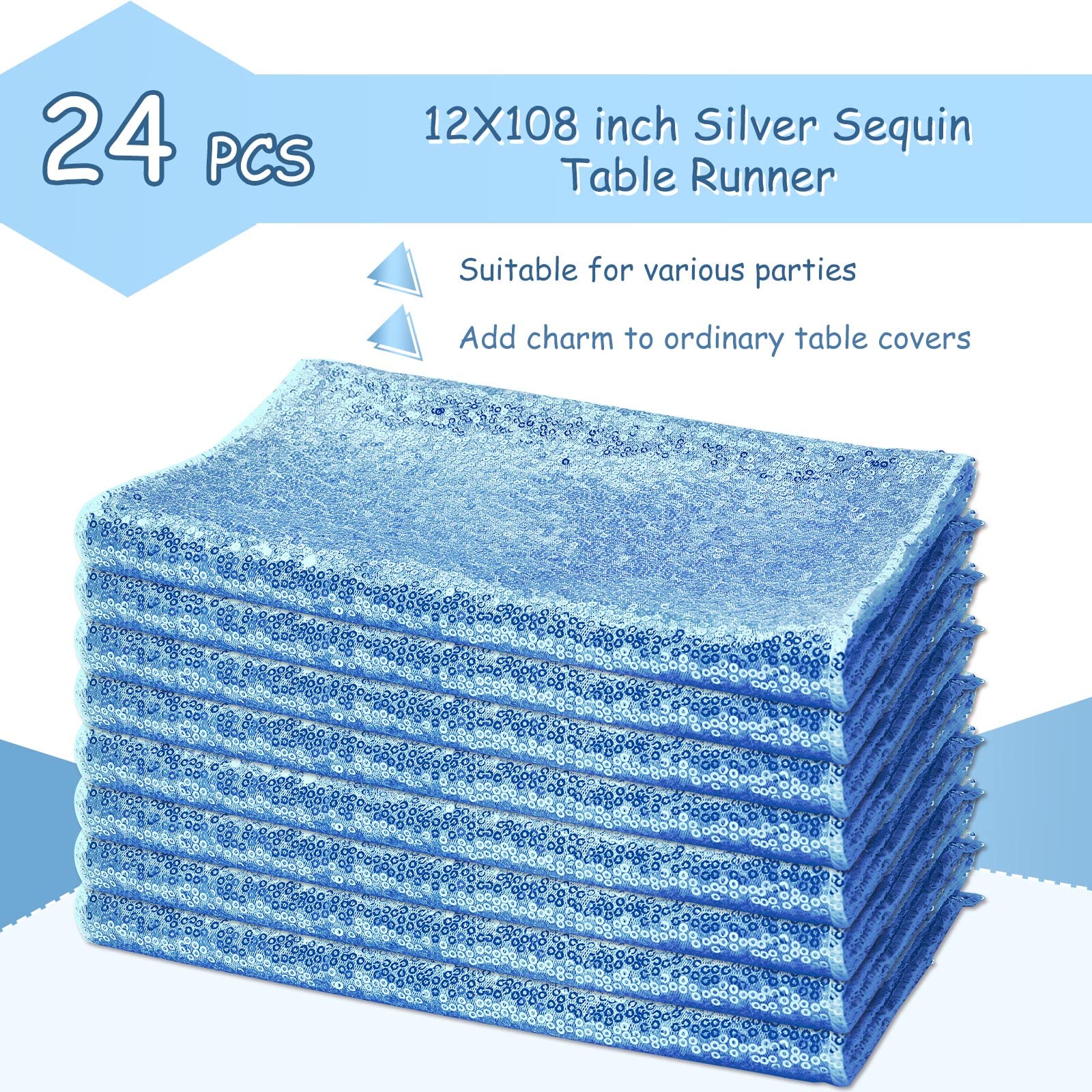 24 runner da tavola con paillettes, decorazioni per la tavola per feste, rettangolari, per compleanni, matrimoni, fidanzamenti, feste, 30,5 x 274 cm (blu)
