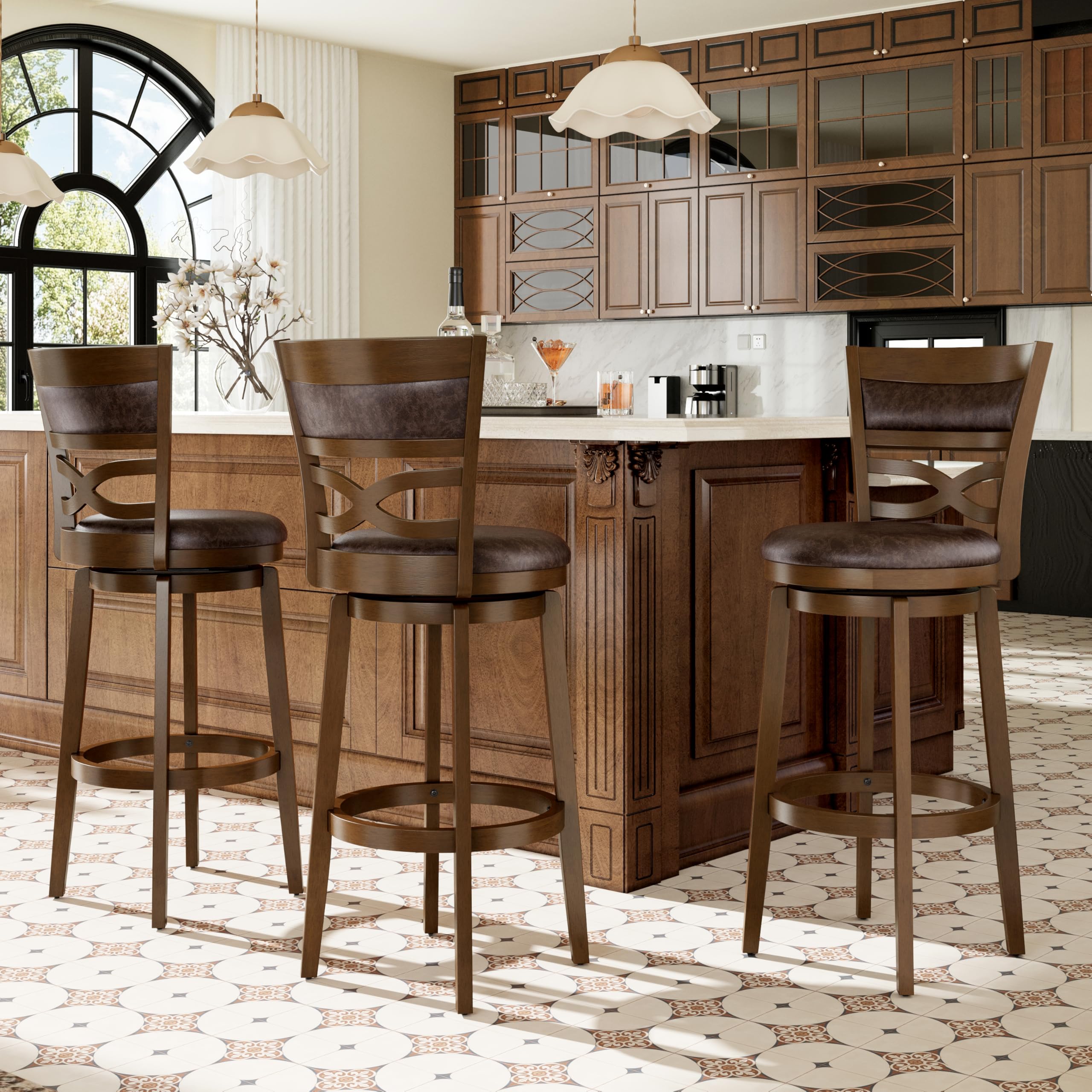 PHI VILLA 30 inch Bar Height Stools Set of 3, Swivel Bar Stools with Back, Wooden Bar Chairs Tall Faux Leather Kitchen Stools