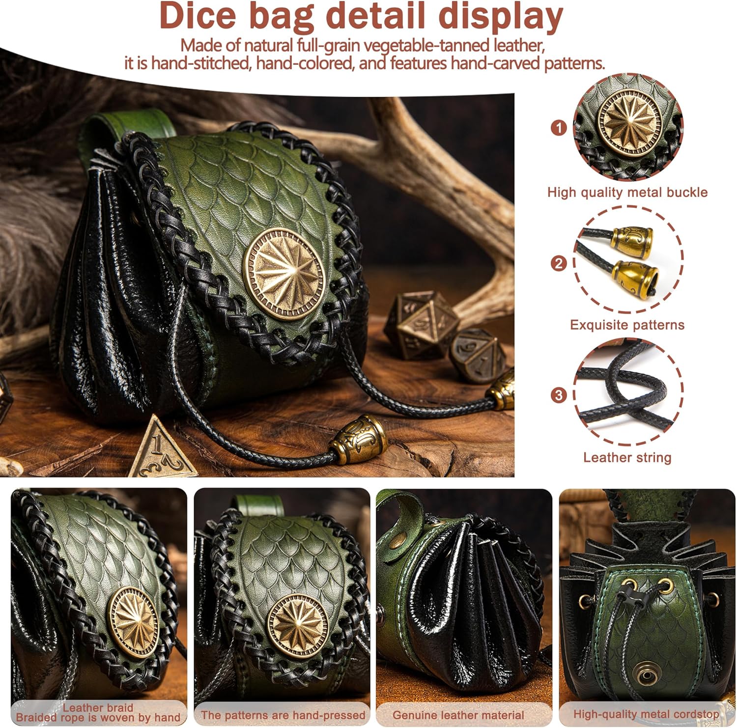 Cowhide Leather DND Vintage Dice Bag, Artisan dragon-scale carved, Handcrafted Fully, Belt Pouch, Portable Coin Purse for Ren Faire Costumes(Green)