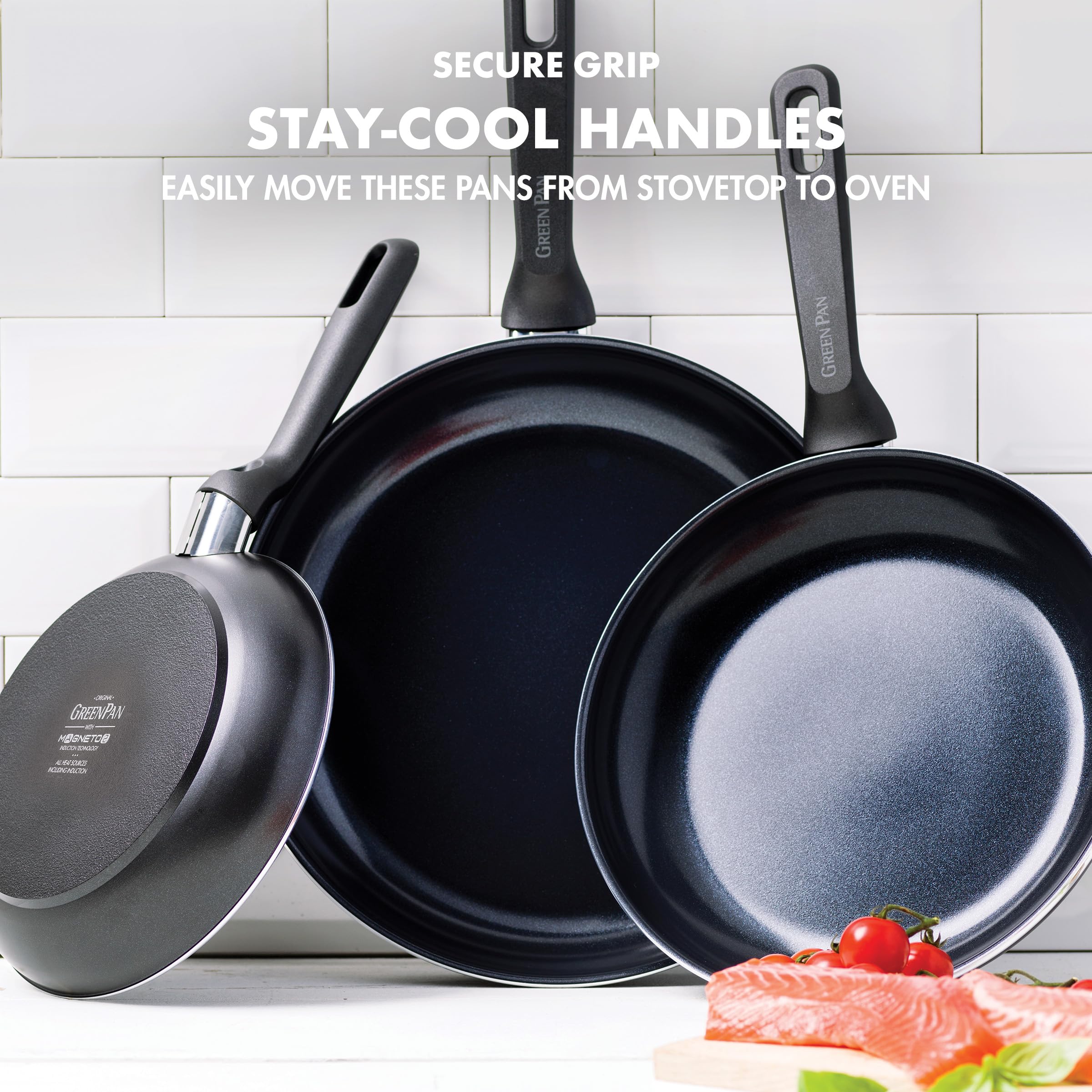 GreenPan Set de Poêles - 100 pourcent Sans PFOA/PFA - Revêtement Antiadhésif Sain en Céramique - Pour Induction/Four/Lave-Vaiselle - 3 Pièces , Noir, Set de Poêles à Frire de 20/24/28 cm