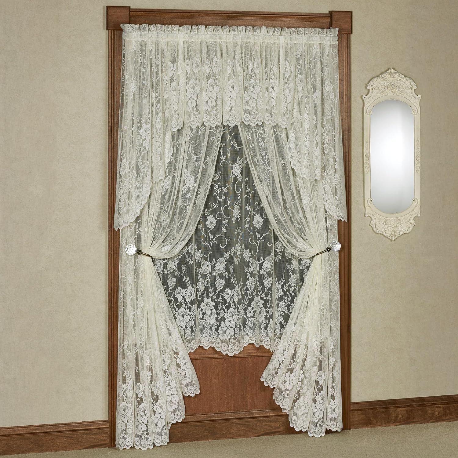 Luxury Sheer Polyester Enchanting Roses Lace Window Treatment | 3 Piece Set: Scallop Valance, 38L Swag Pair, and 63L Panel | Classic | Antique White | Rod Pocket | Machine washable | Light Filtering